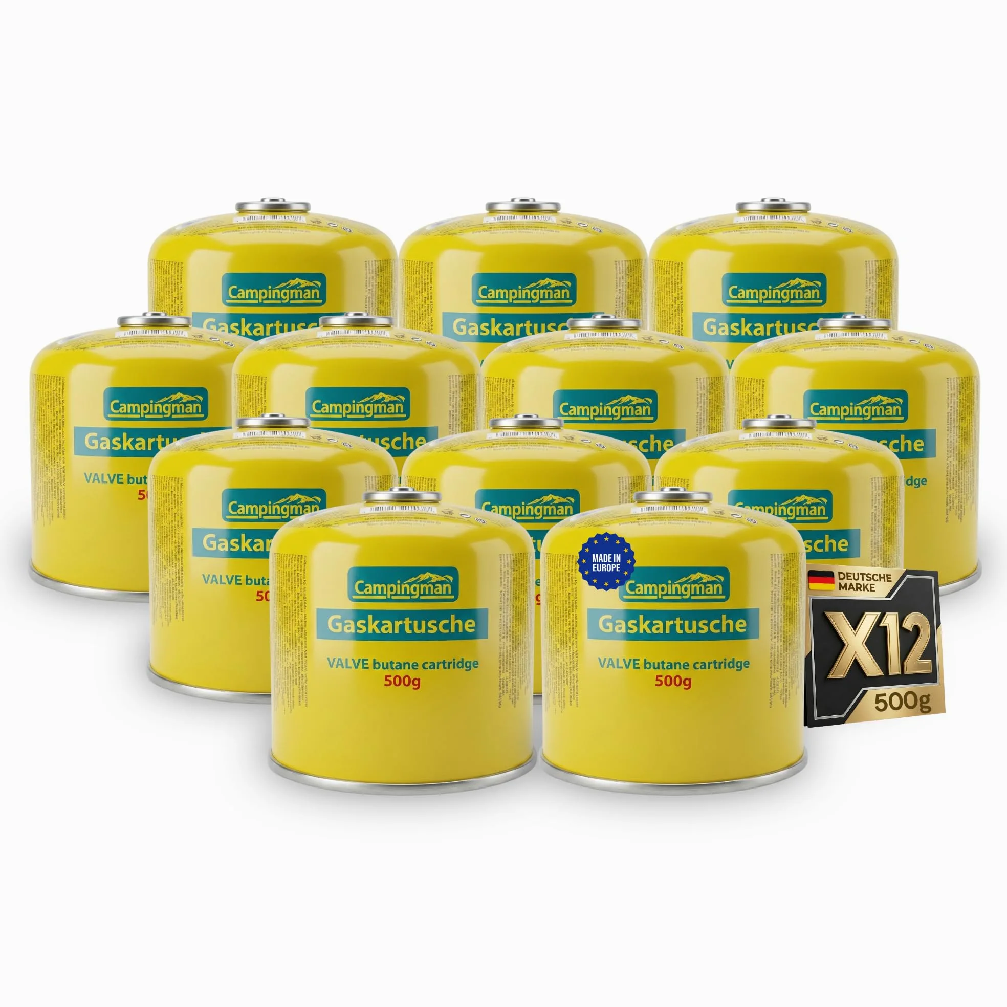 Campingman Cartouche de gaz 500 g avec valve à vis EN 417 - Gaz butane pour réchaud de camping, barbecue Weber et camping - Cartouche à vis universelle (12 x 500 g)