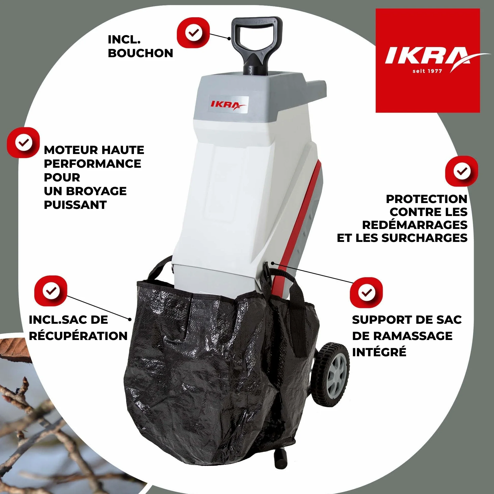 IKRA broyeur électrique IMH 2500, avec lame de rechange et lunettes | Sac de ramassage de 45 l, moteur haute performance, 2500 W, lames réversibles durables, idéal pour la production de paillis
