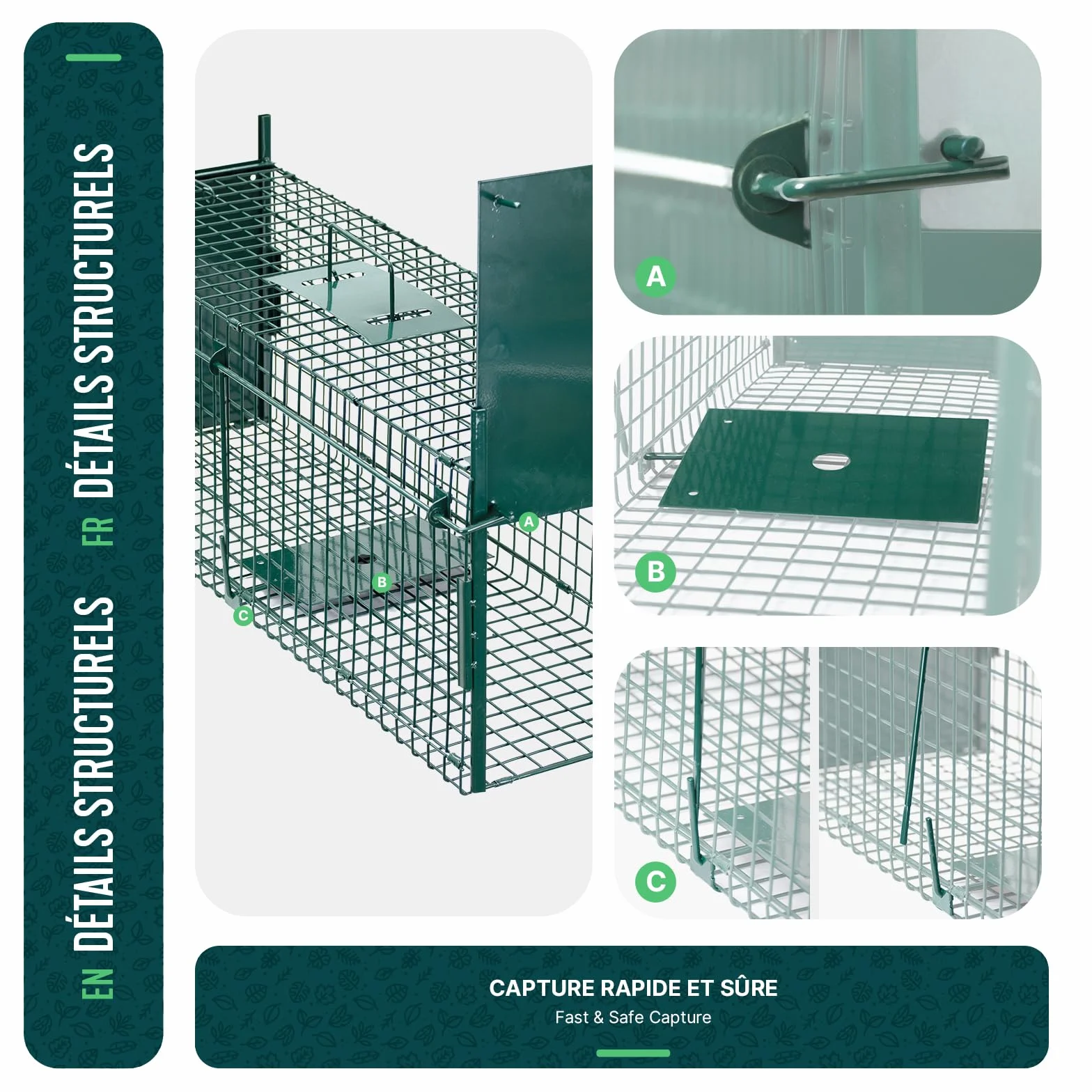 Piège à Animaux Vivants 80x26x34cm Cage de Capture sans Cruauté Réutilisable pour Rats Fouines Lapins Renard Vert