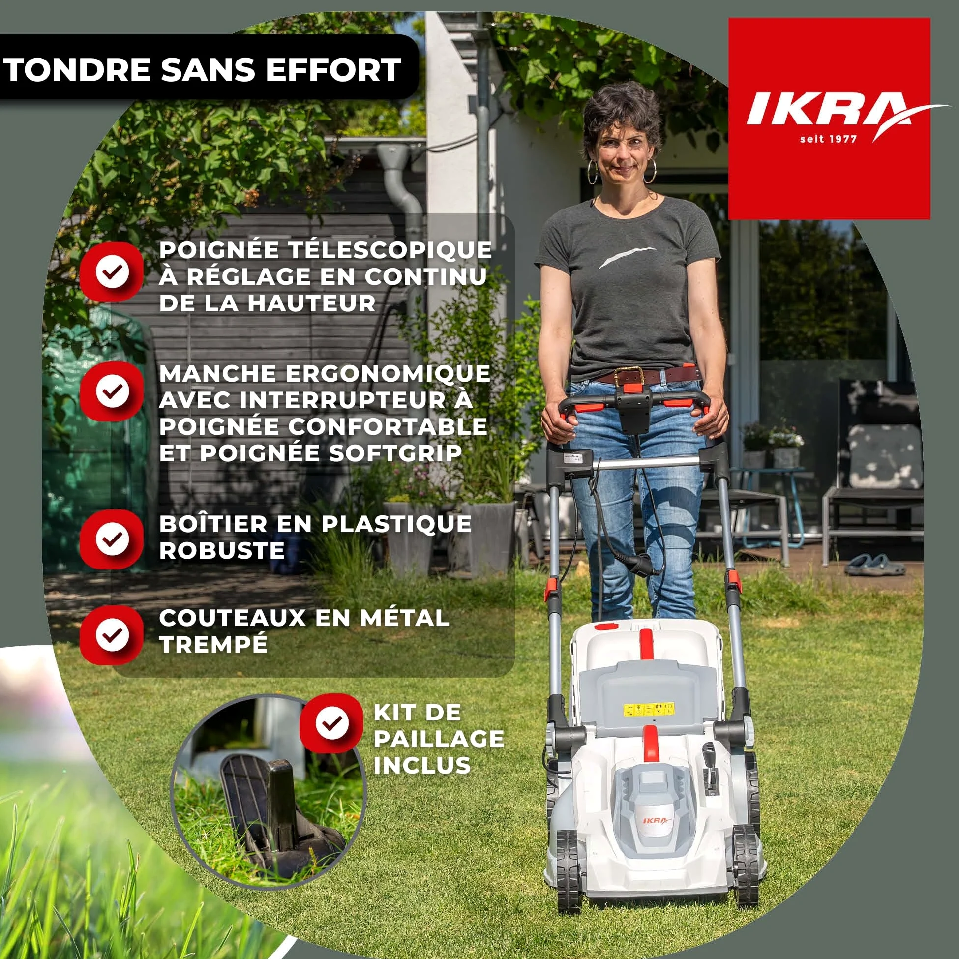 IKRA Tondeuse à Gazon électrique IERM 2043 T, 2000W, Largeur de Coupe 43 cm | Poignée réglable en hauteur sur 3 positions, hauteur de coupe réglable (30-75 mm), sac de 50 l et kit de mulching inclus