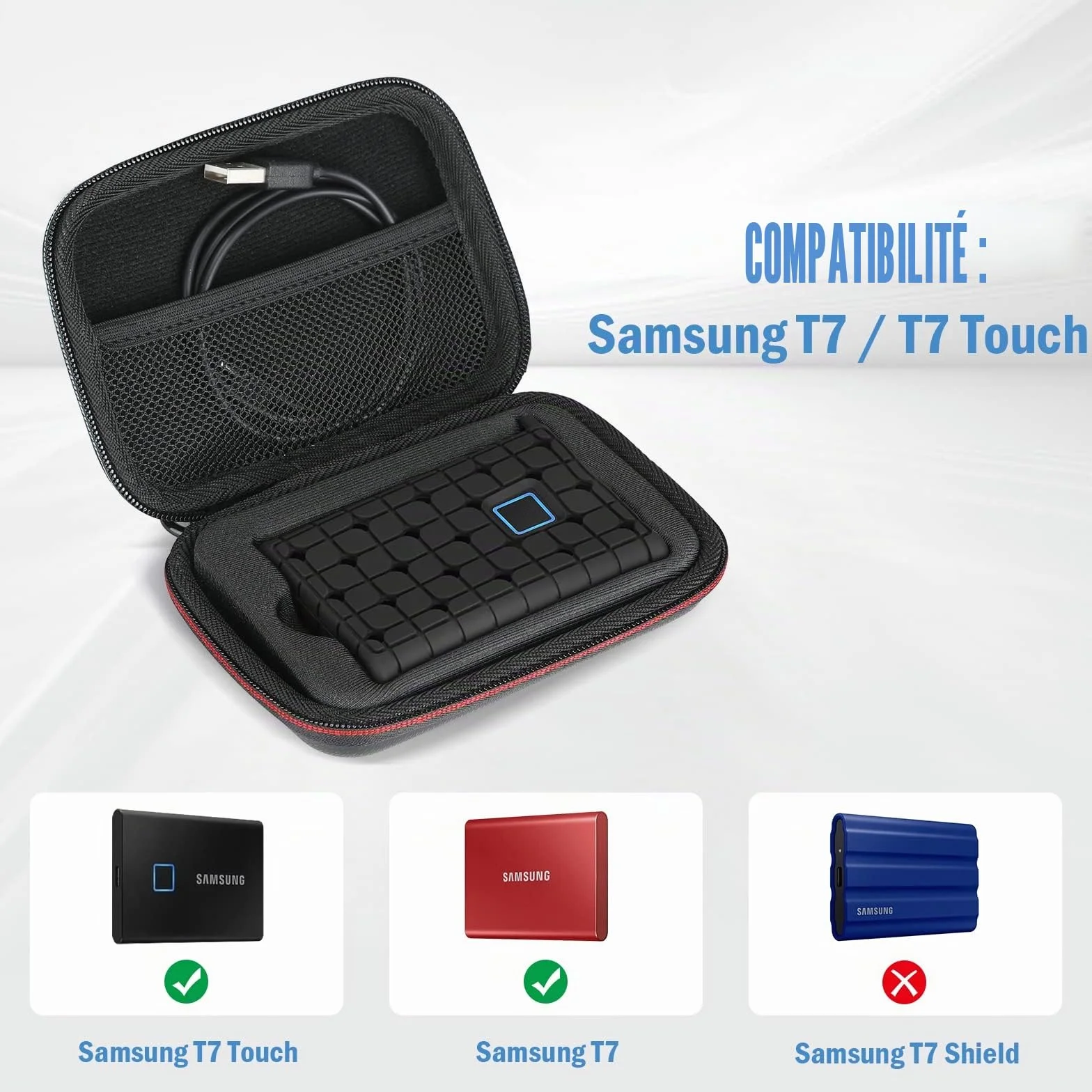ProCase Étui SSD Samsung T7 T7 Touch Silicone Housse Voyage Portable Externe Coque Rigide Poche Filet Noir