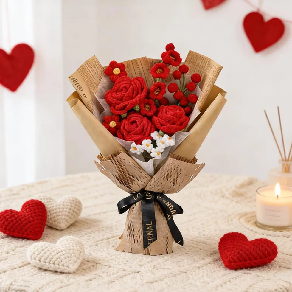 NAVESO Bouquet de fleurs en crochet fait à la main, roses rouges éternelles pour Saint-Valentin