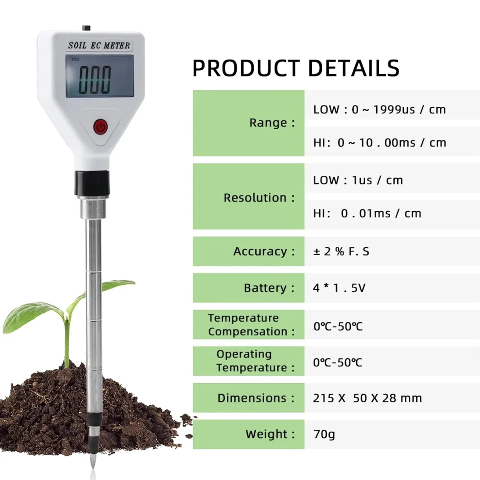Compteur EC de Sol Professionnel 0-1999us/cm, sonde métallique Haute précision, testeur conductivité numérique ATC for Le Jardinage Fleurs et Les Terres agricoles Jardinage, Agriculture