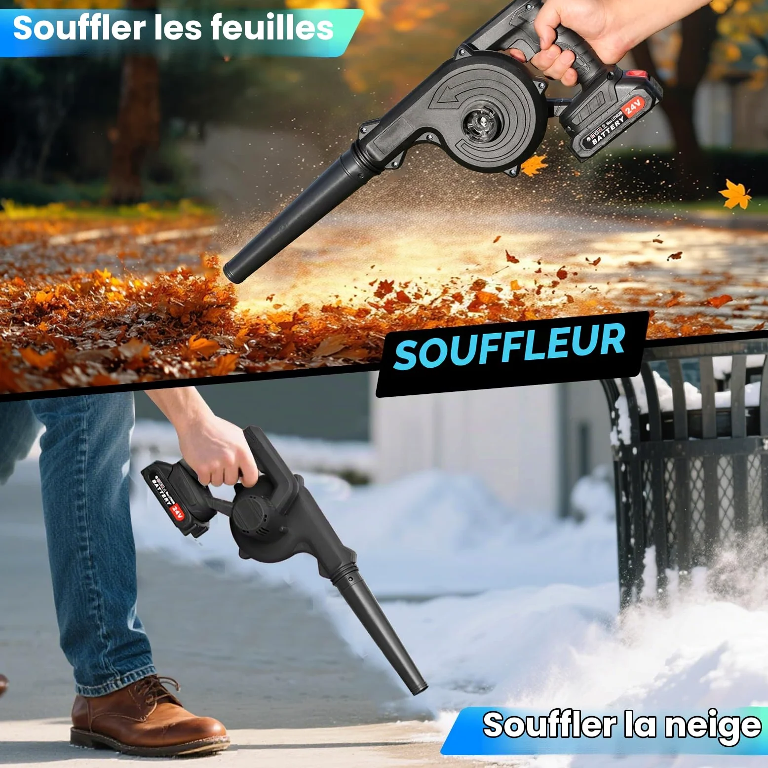 Souffleur de Feuilles sans Fil 24V – Lot 2 Accus 2000mAh & Chargeur | Moteur Brushless 20 000 tr/min et Flux 150 CFM.Il Nettoie Feuilles, Neige Légère, Poils D'animaux et Atelier en un Instant