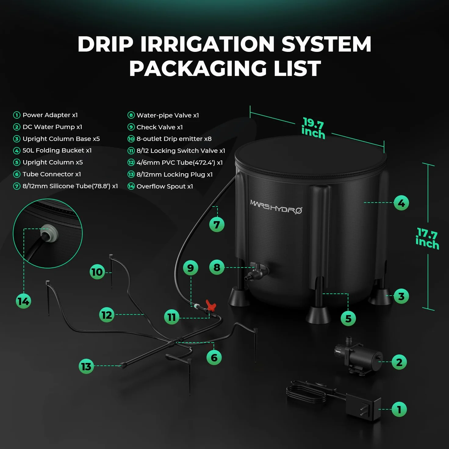 MARS HYDRO Kits d'irrigation goutte automatique avec seau pliable de 5 l, pompe à eau améliorée 24 W, 8 émetteurs goutte