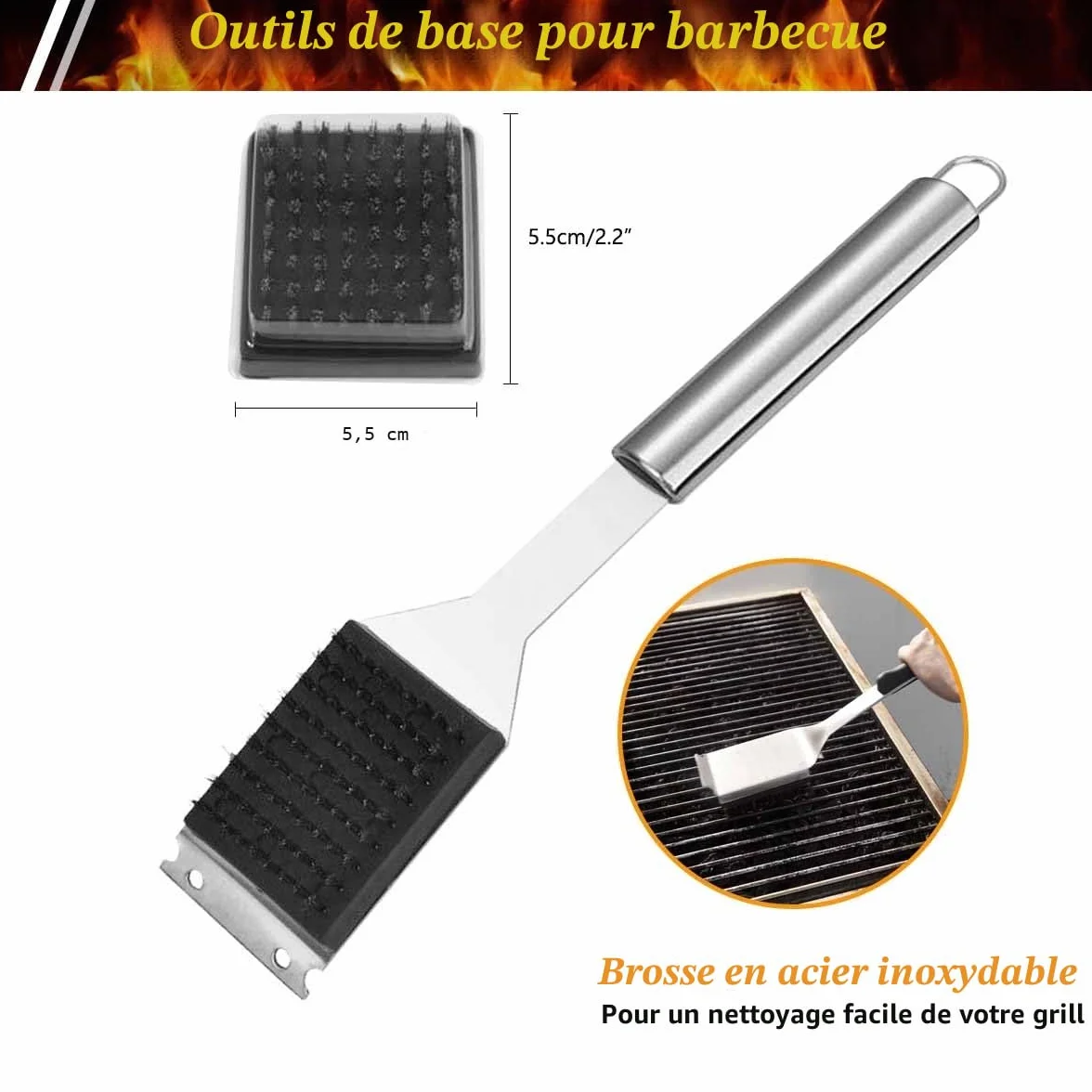 Lot de 3 Ustensiles de Barbecue en Acier Inoxydable avec Sac de Transport, Spatule, Pince et Fourchette