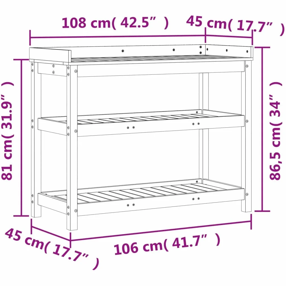 Table de rempotage en bois massif pin 108x45x86,5 cm avec étagères