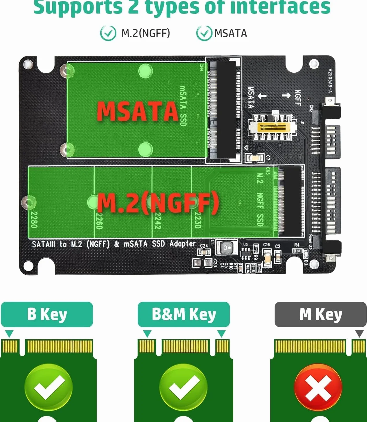 ELUTENG Adaptateur M.2 SATA vers 2,5" SATA 3.0, Compatible MSATA/M.2 NGFF 2280 2260 2242 2230, Clé B/B&M