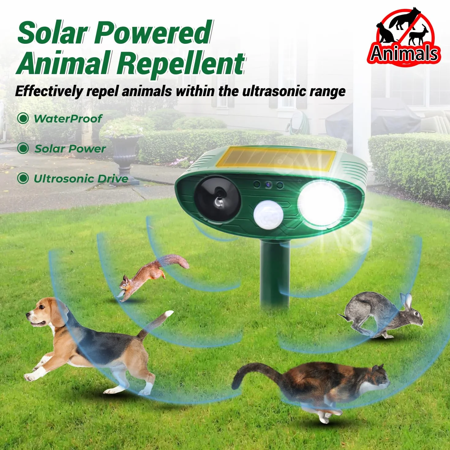 Répulsif Chat Ultrason Solaire Étanche Exterieur avec LED Détecteur de Mouvement pour Jardin Contre Chiens Chats Oiseaux Renards Rats