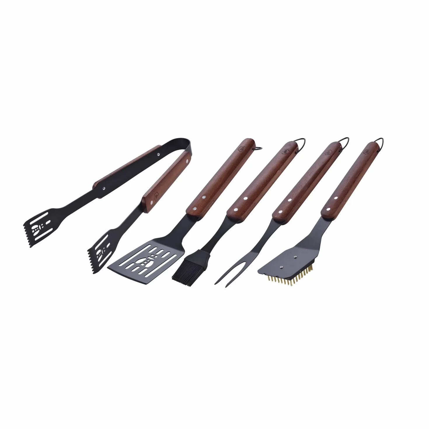 LAGUIOLE Black Edition Set 5 Ustensiles Barbecue, Manche Bois Caoutchouc, Acier Inoxydable, Silicone, Kit Voyage Camping Jardin