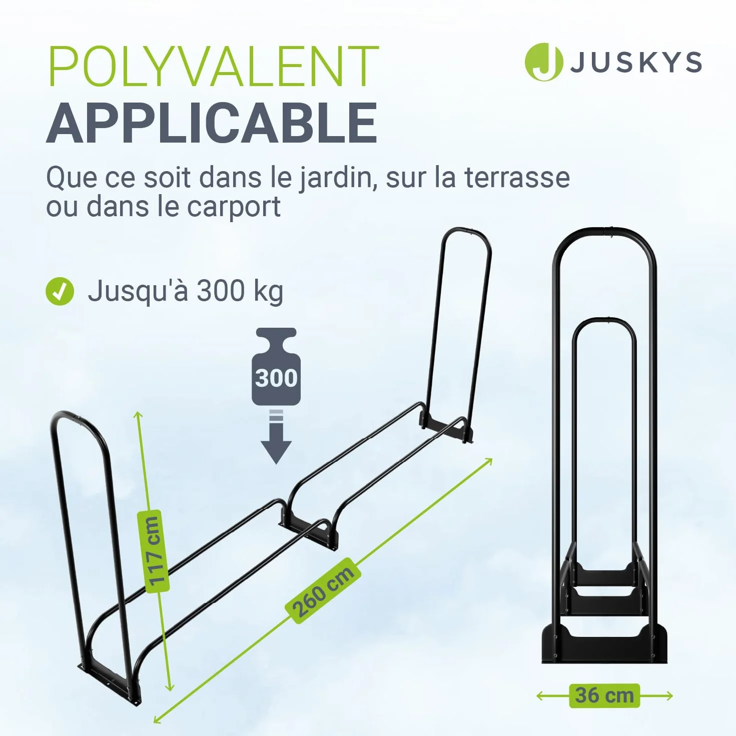 Juskys range-bûches L 260 x 117 x 36 cm noir support à bois de chauffage en acier avec housse Oxford abri à bois extérieur charge 300 kg