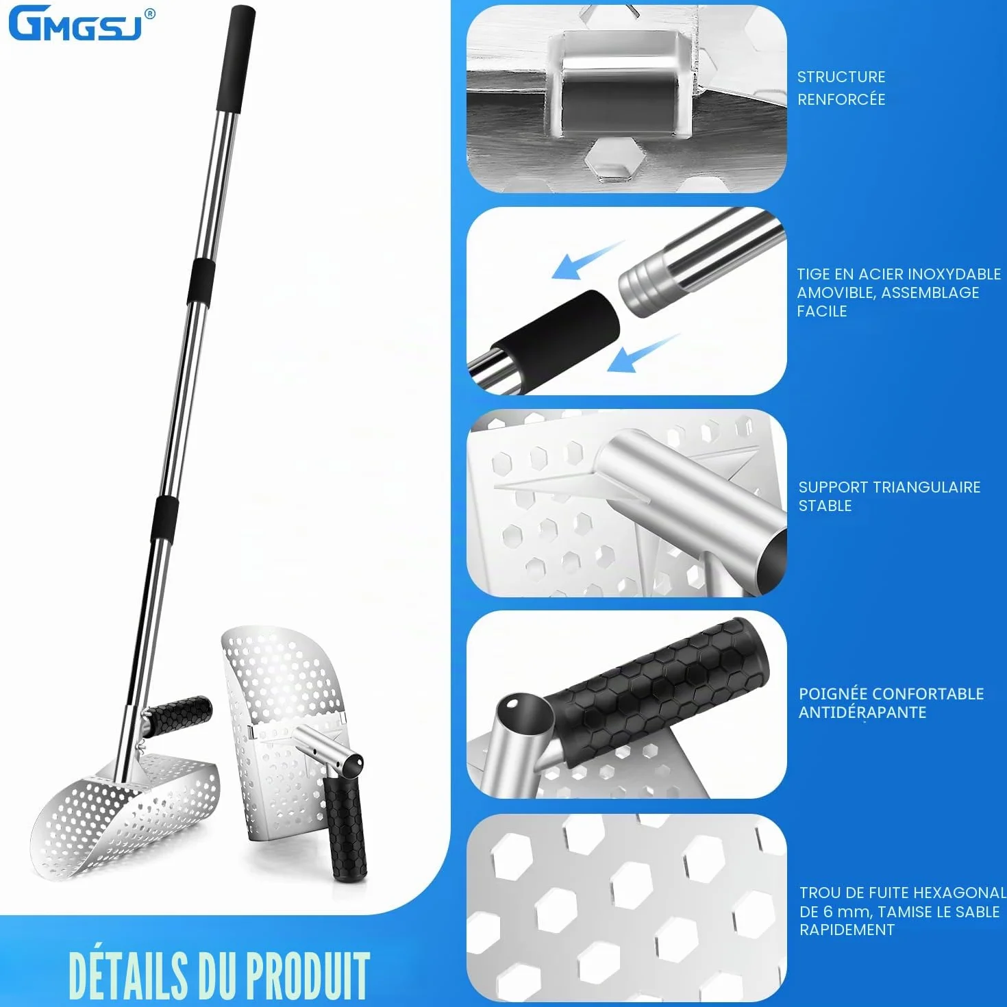 Outil de détection de métaux avec poignée antidérapante, écran rapide, tiges d'extension en acier inoxydable