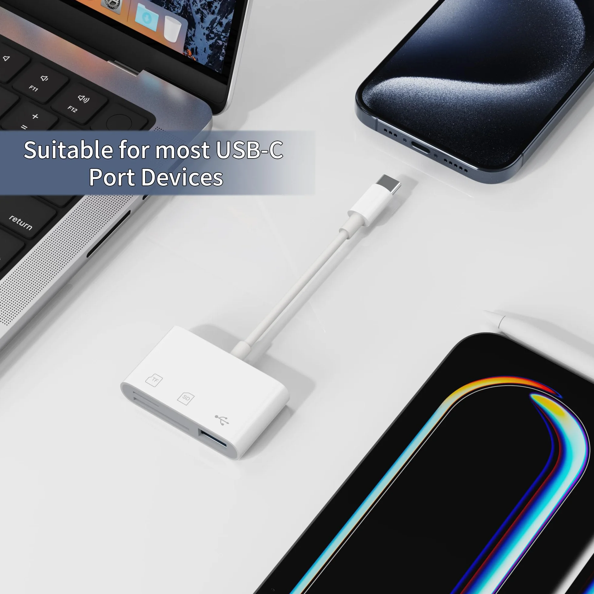 Wanme Lecteur de Carte Mémoire USB C 2.0, SD TF USB 3 en 1 Adaptateur pour Samsung Xiaomi Blanc