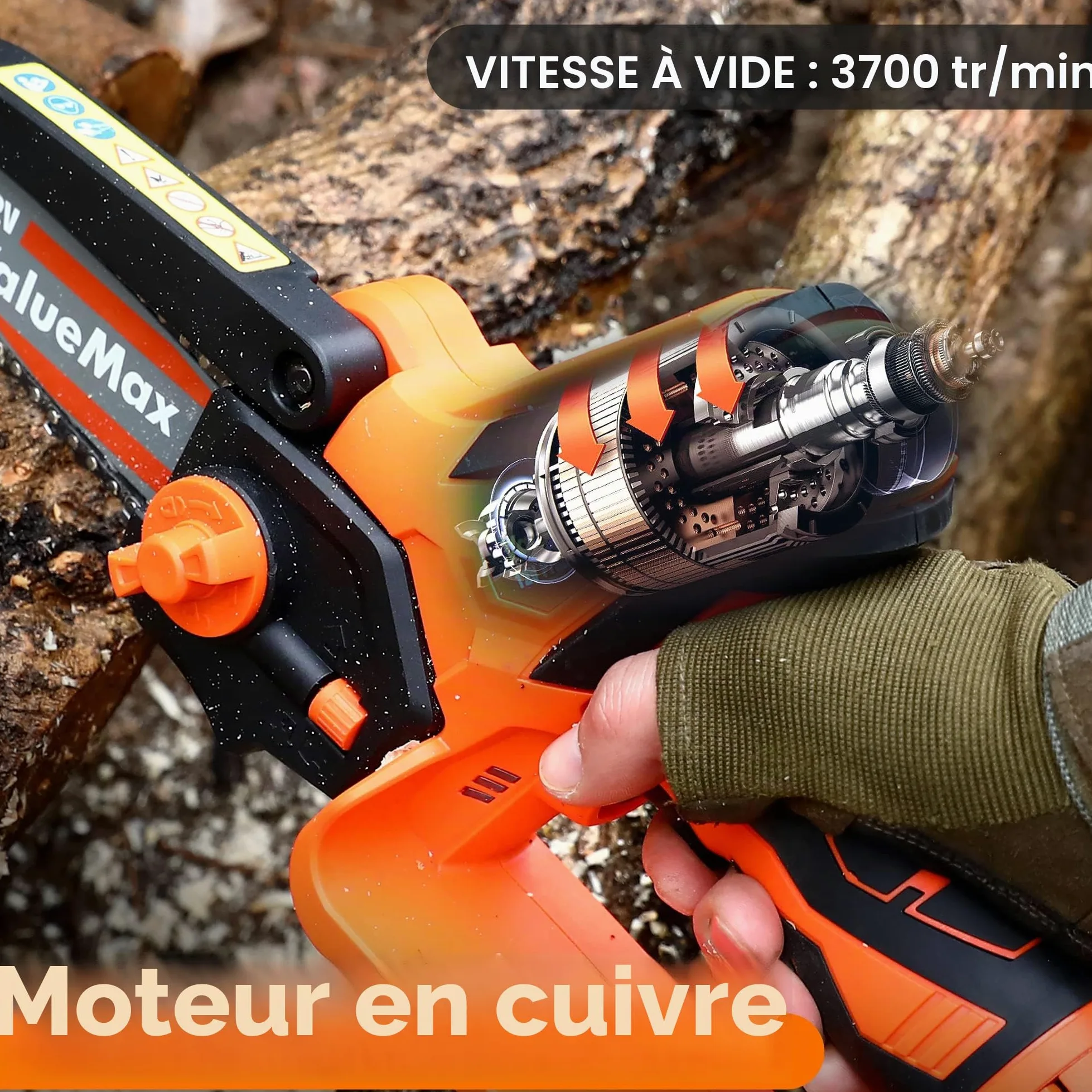 ValueMax Mini Tronconneuse a Batterie 4 Pouces | 12V Tronçonneuse Électrique Sans Fil Portable et 2 * 2000mAh Batteries pour les Branches d'arbres, l'élagage le Jardin