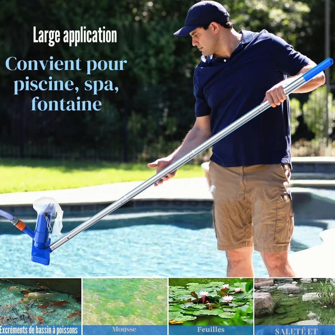 Nettoyeur de Piscine 143cm 4 Tiges Amovibles Aluminium Tête d'Aspiration avec Sac à Feuilles