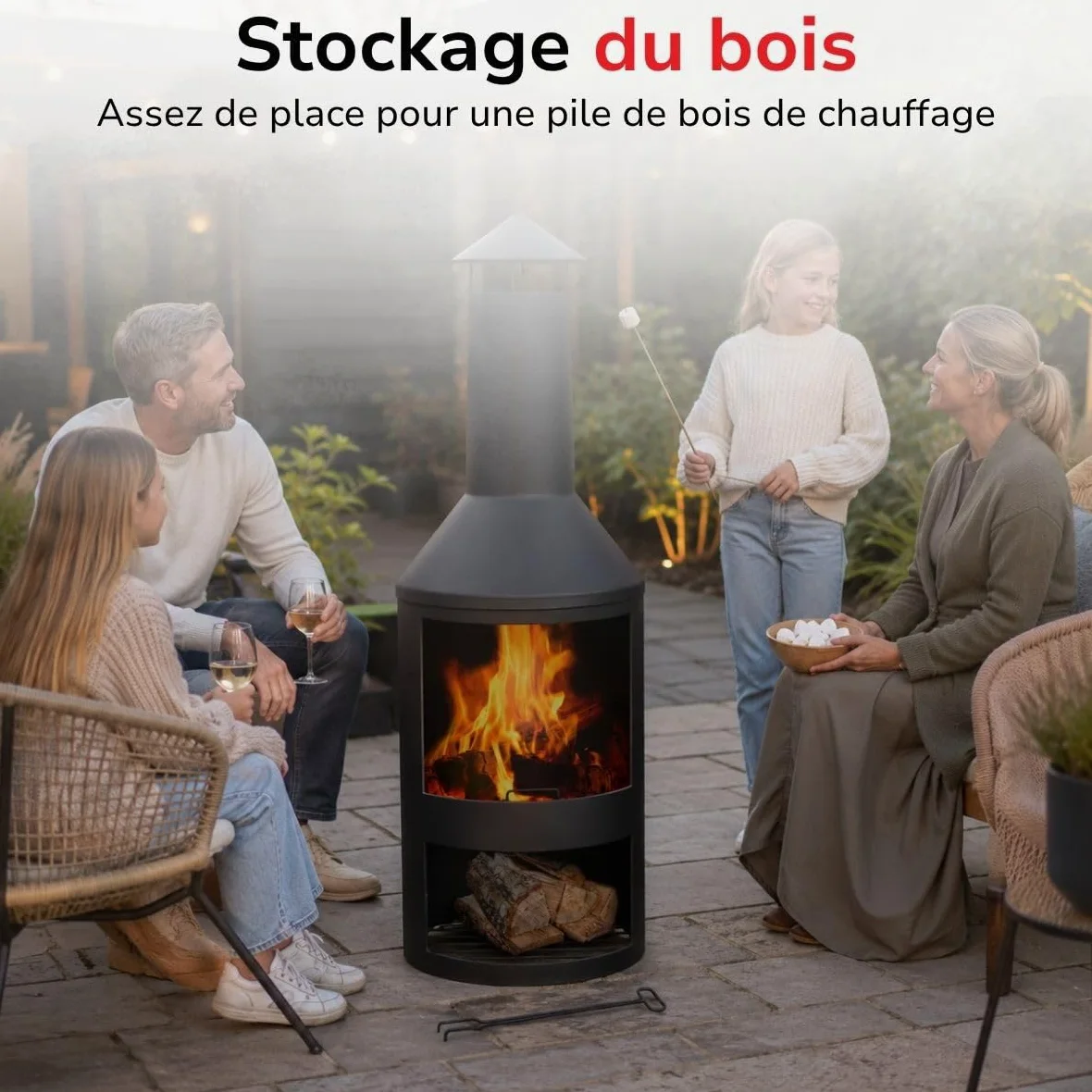 BBQ Collection Brasero 134 x 44,5 cm - Incinerateur de Jardin sur Pied - Decoration Jardin et Terrasse Exterieur - avec Cheminée - Rangement de Bois - Acier au Carbone
