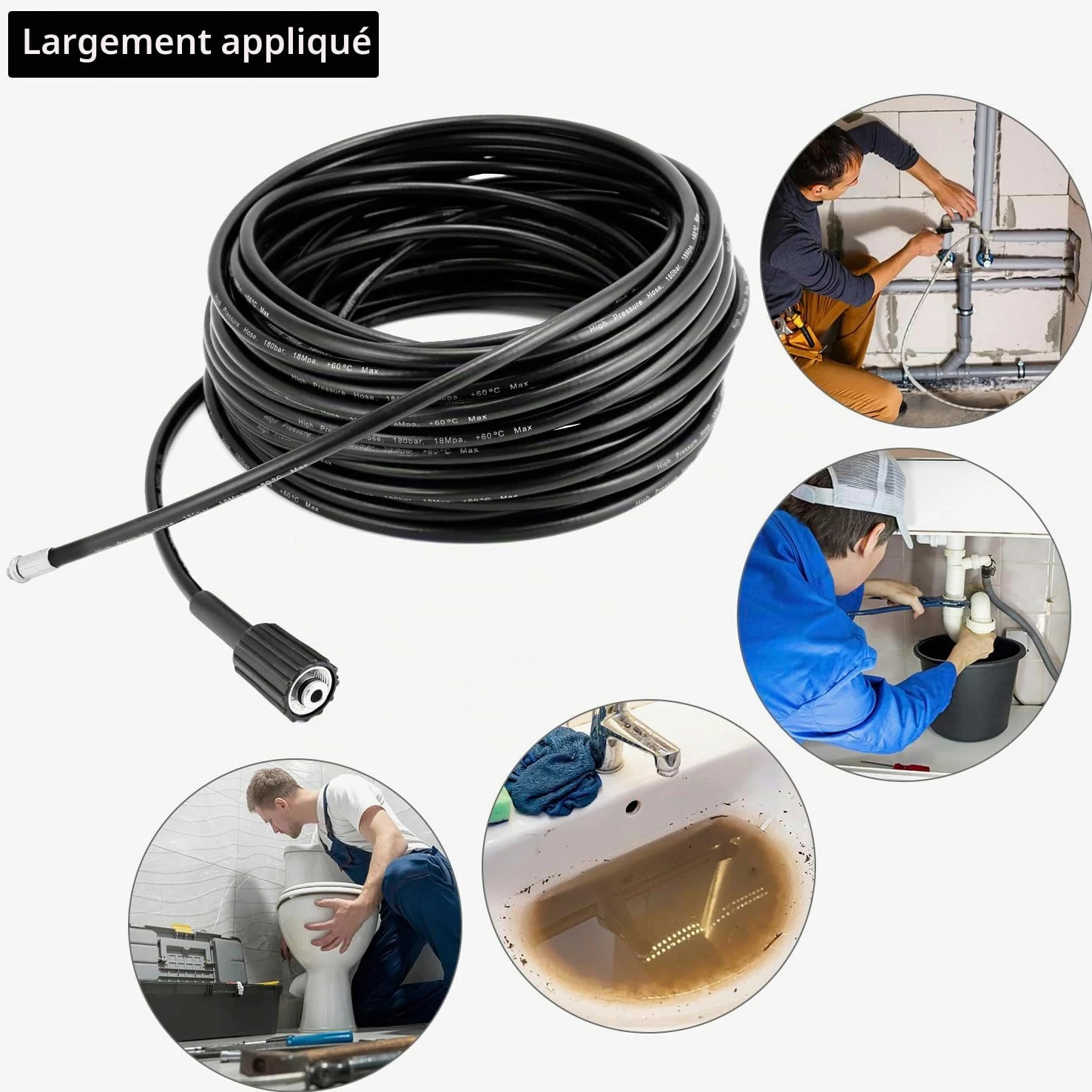 QWORK® Tuyau de nettoyage de tuyaux 30M 180bar, tuyau déboucheur flexible, avec adaptateur, compatible avec les nettoyeurs haute pression K-Series K2, K3, K4, K5, K6, K7