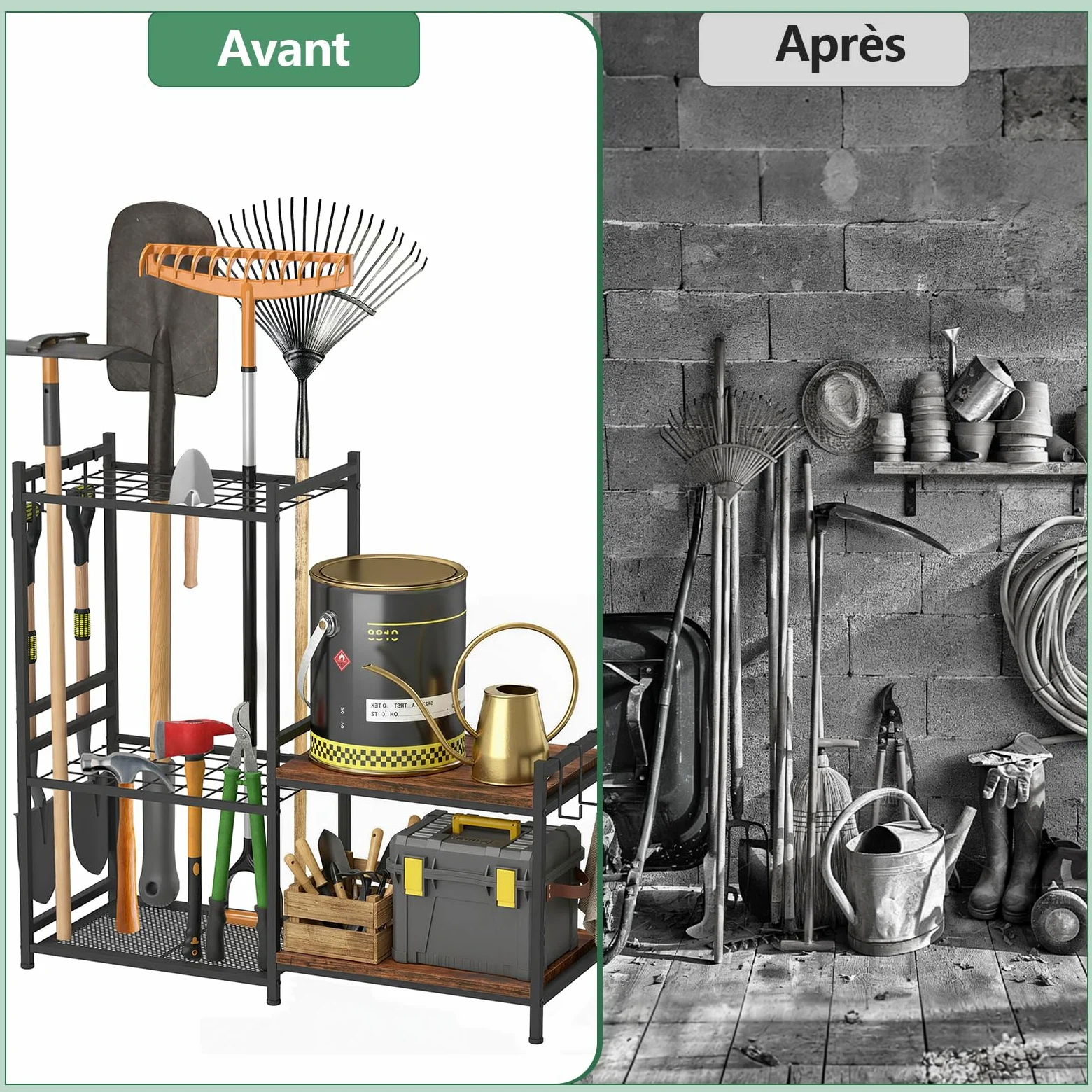 uyoyous Range outils de Jardin étagère à outils à 3 niveaux avec 6 crochets | organiseur d'outils de jardin pour stockage extérieur rangement grande capacité supprort de garage