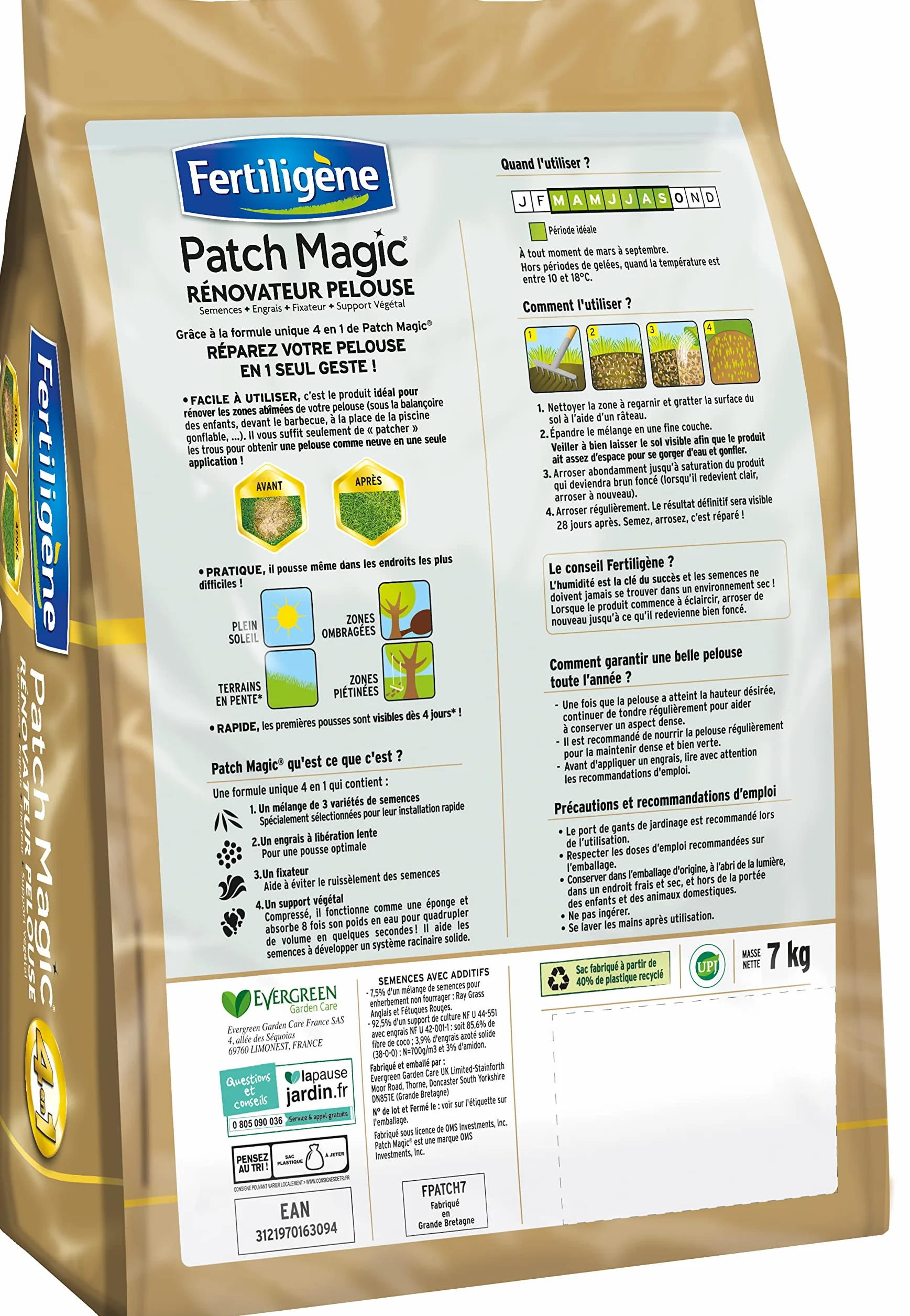 FERTILIGÈNE Patch Magic Rénovateur de Pelouse 7kg – Formule 4-en-1 – Pousse en 4 Jours – Pour 30 m²