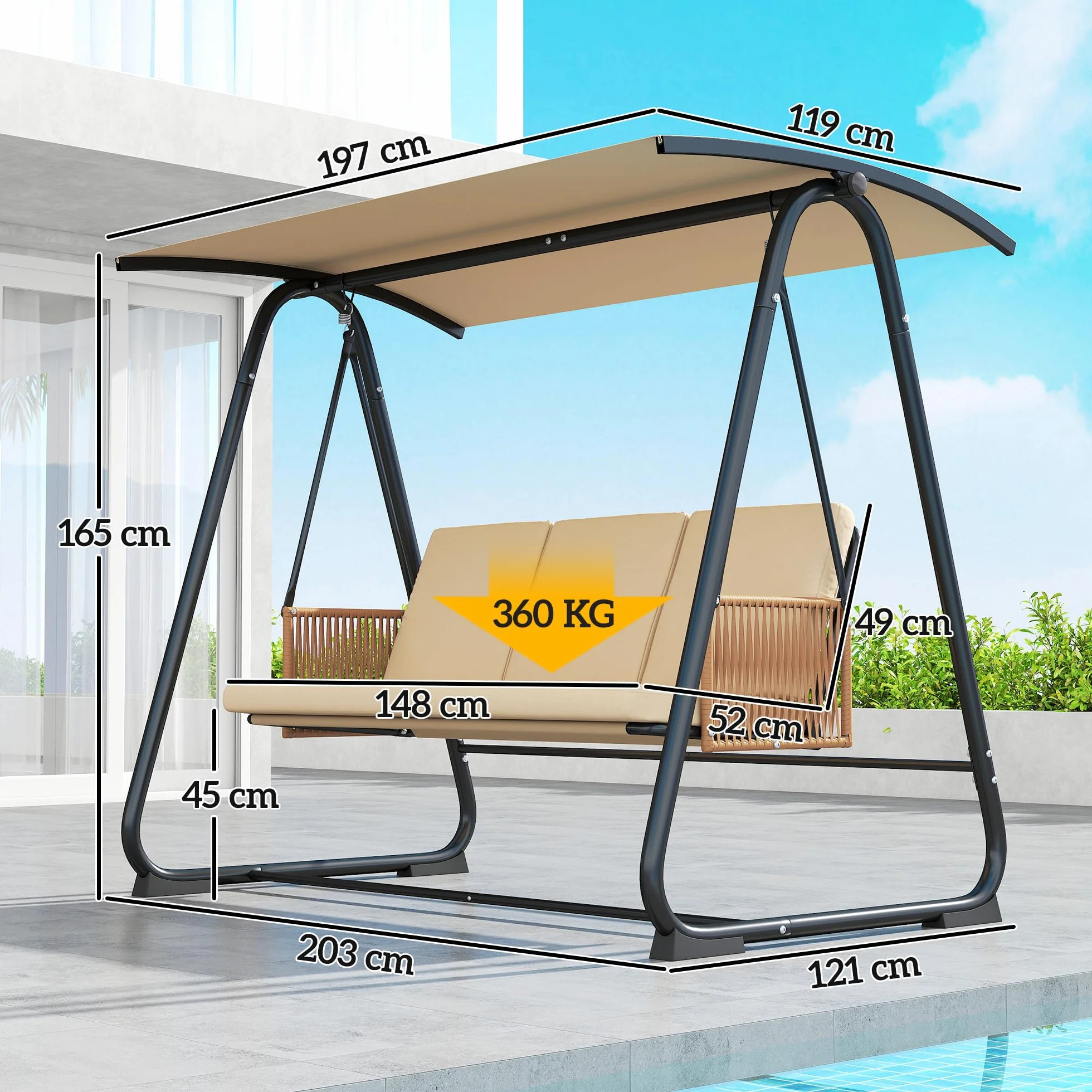Outsunny Balancelle de Jardin 3 Places Toit Réglable UPF 30+ Acier 360kg Coussin 7cm Banc Suspendu Extérieur Terrasse Sable