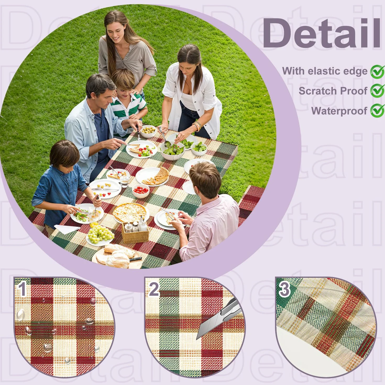 Nappe Table Pique Nique 6FT Carreaux Rouge Vert Lot de 3, Housse Imperméable Extérieur 72"x30" avec Housses Banc