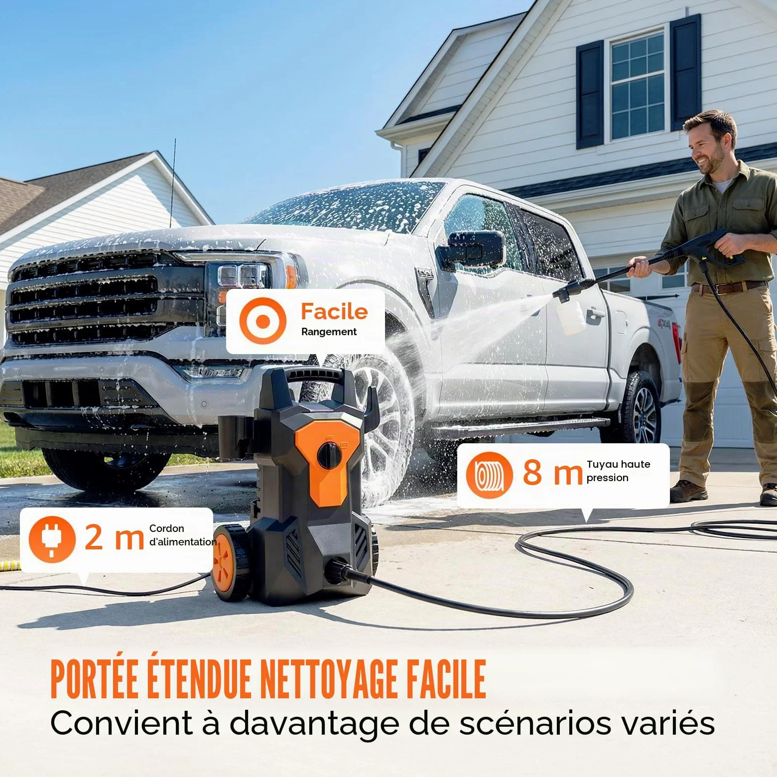 Nettoyeur Haute Pression, Max. 140 Bar, Puissance 1600 W, Débit de 420 l/h, avec Buse Réglable, Pistolet, 8M Tuyau, 2M câble, Pot en Mousse pour Voiture Terrasse Jardin Irrigation
