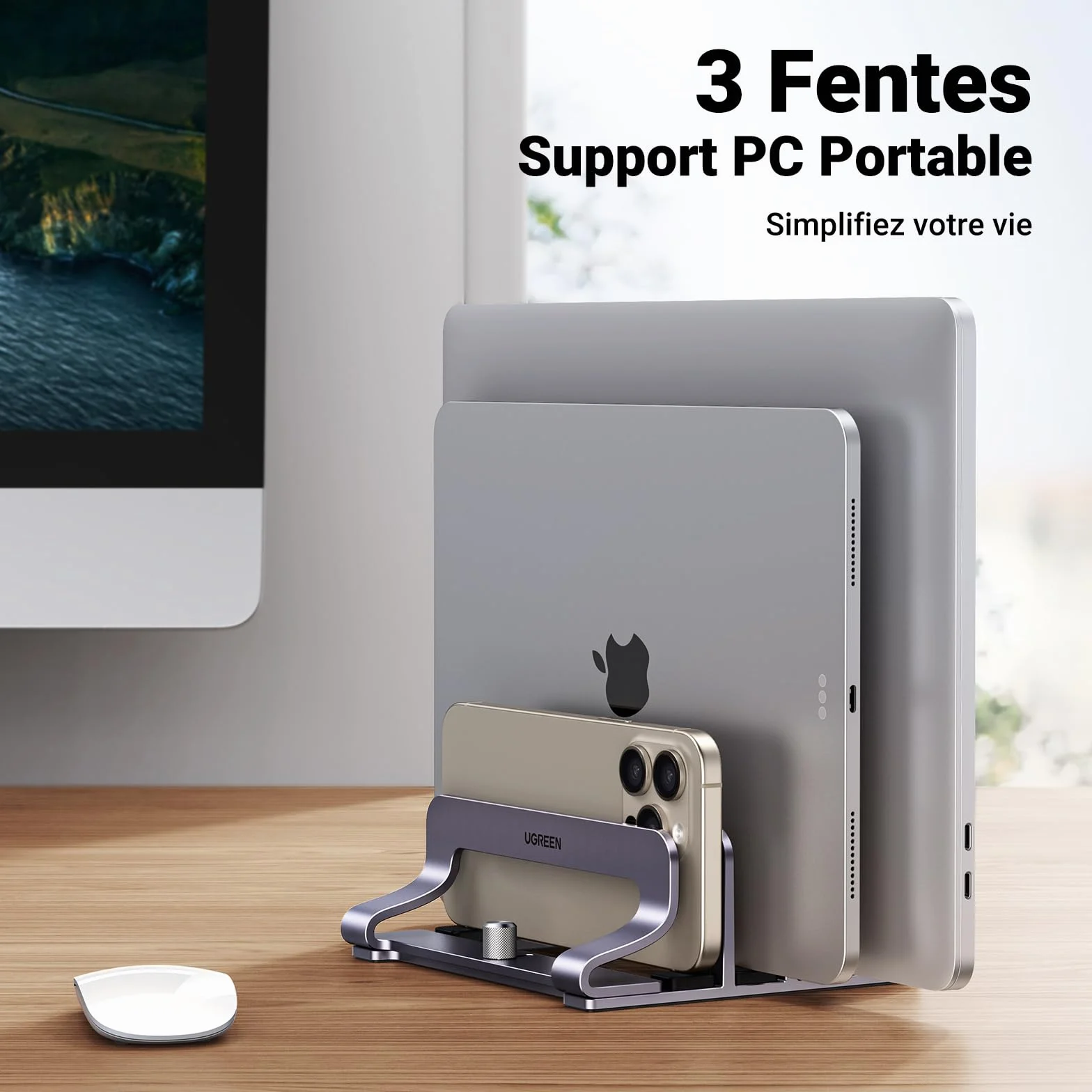 UGREEN 3 en 1 Support Ordinateur Portable Vertical Laptop Stand Triple Fente Porte Bureau Réglable Compatible MacBook Pro Air