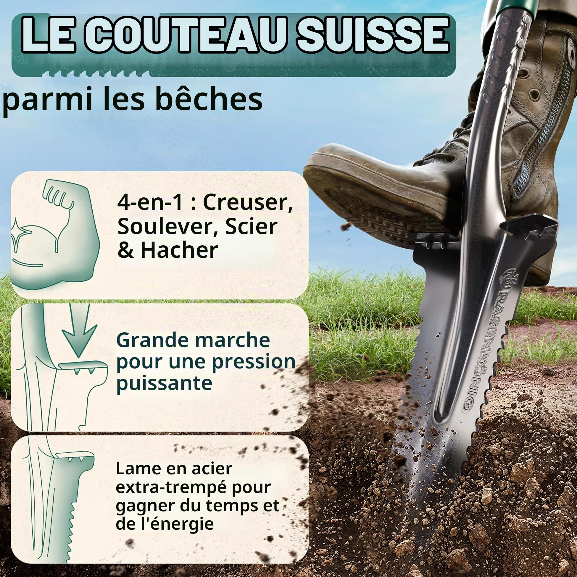 Bêche Pro avec scie à racines [vainqueur du test] Bêche pour le jardinage | avec 20 dents de scie, poignée ergonomique et large bord de marche | Bêche de jardin stable pour creuser plus