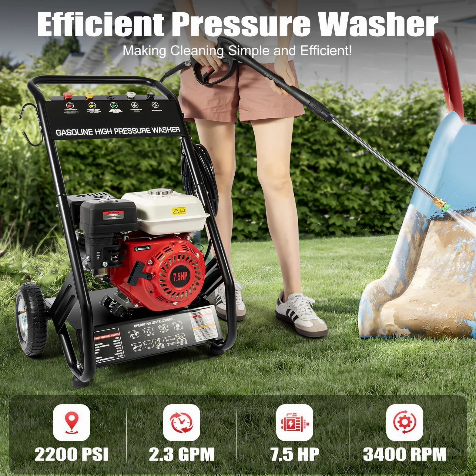 Nettoyeur haute pression à essence 7,5 CV 2200 PSI Nettoyeur haute pression à essence avec 5 buses et tuyau de 7,9 m, auto-amorçant professionnel à essence pour nettoyage de voiture, cour