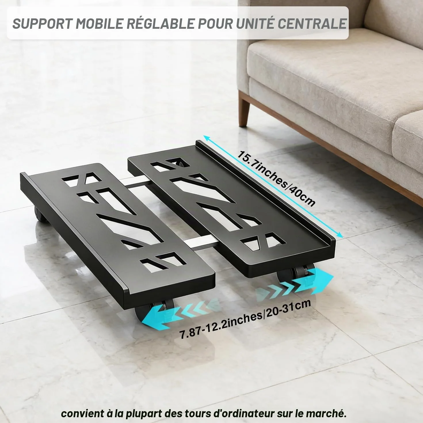 Support CPU réglable universel pour PC ordinateur de bureau avec roues pivotantes et roulettes Noir