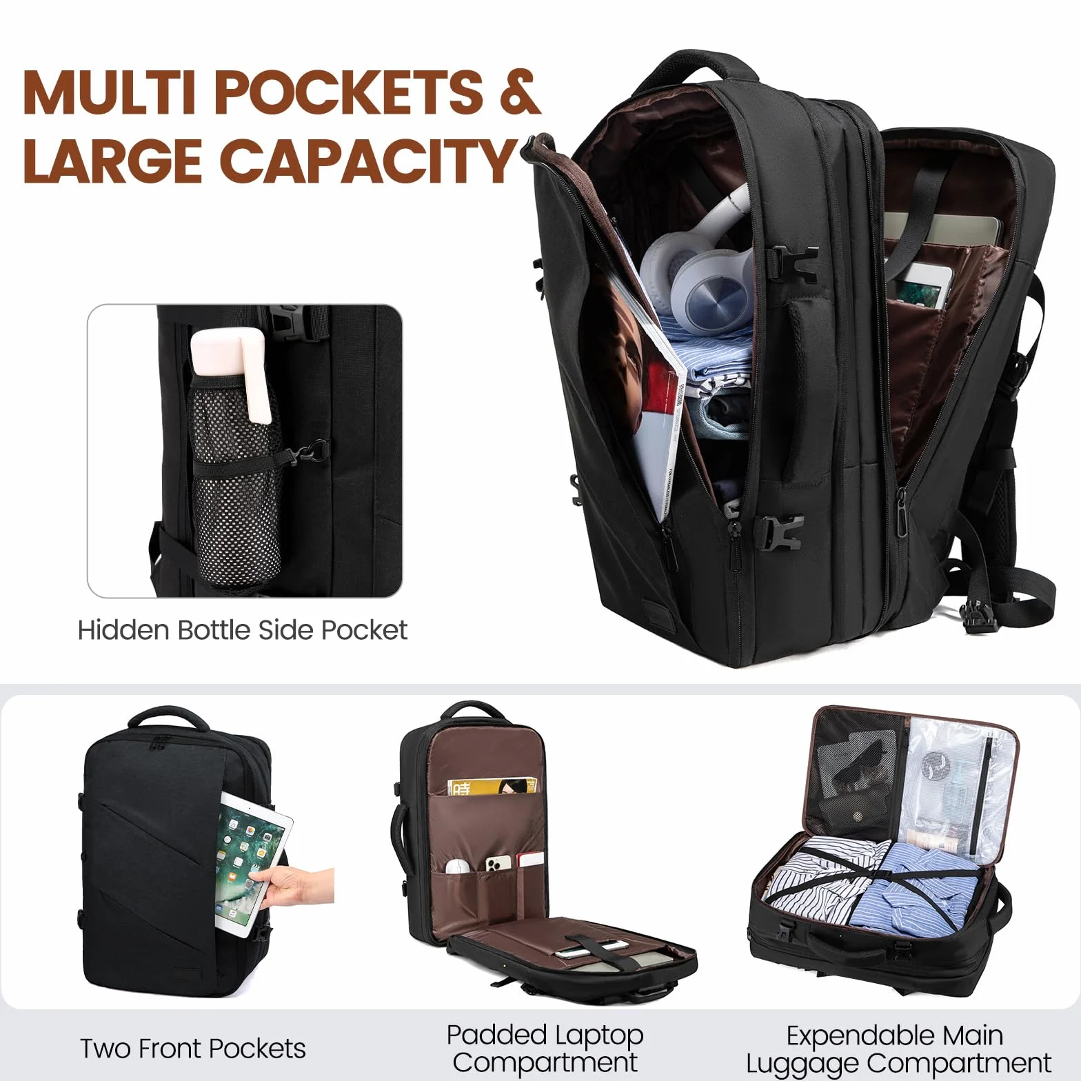 LOVEVOOK Sac à Dos Cabine Grand 30L Antivol Voyage Avion Bagage à Main Homme Femme Ordinateur Portable 15.6 Pouces Résistant Aux Éclaboussures Noir