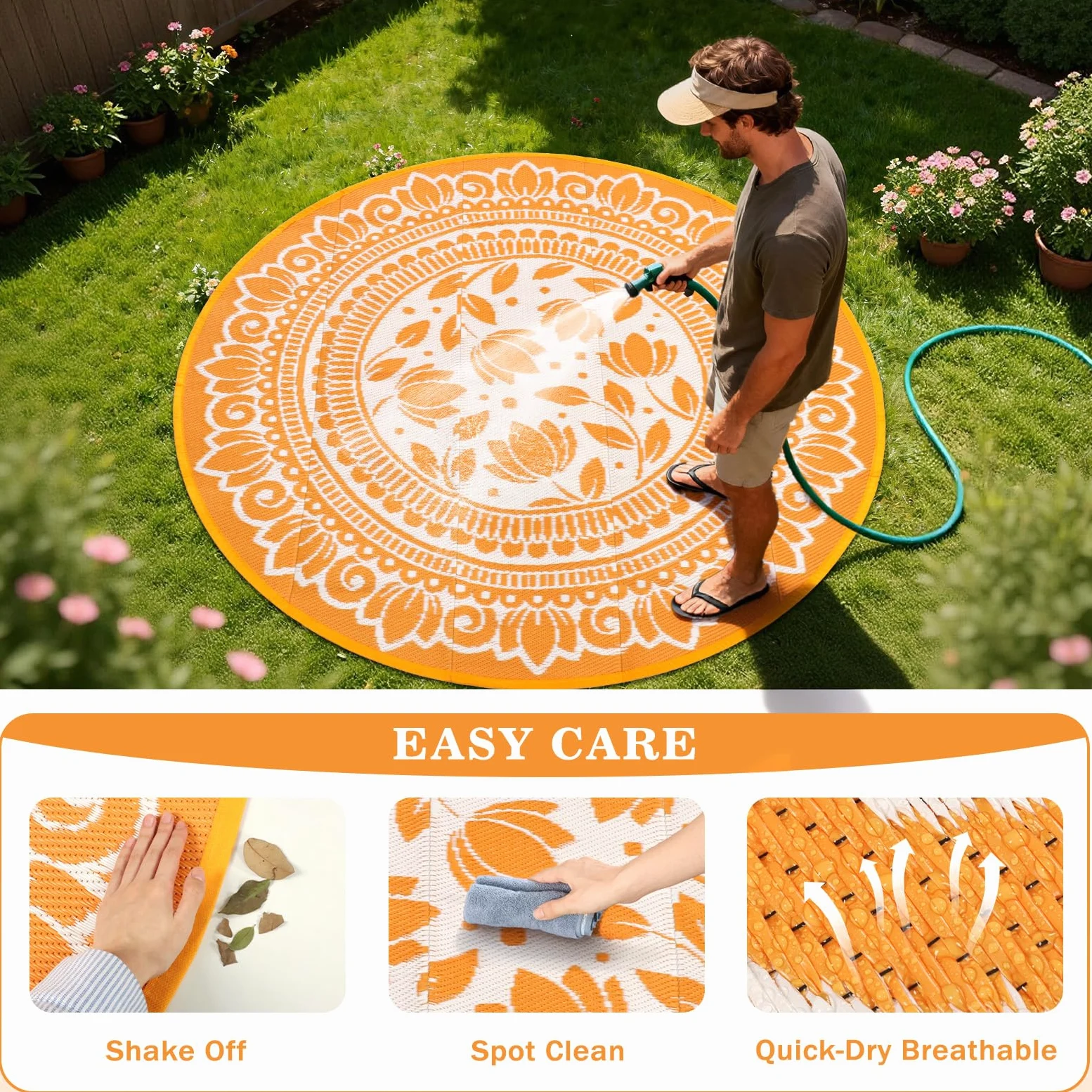 Tapis d'extérieur rond, noir, 180 cm, style bohème, résistant aux intempéries, réversible, en plastique, résistant aux UV, pour camping-car, camping, terrasse, plage, jardin, pique-nique