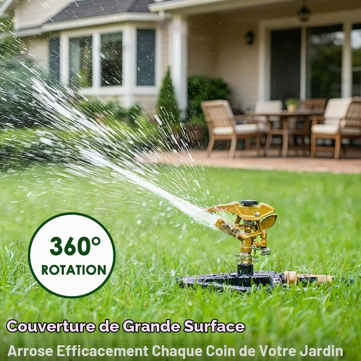 FANHAO Arroseur Lourd à Impact pulsé 360 degrés, avec Socle Métal Base, Couverture Jusqu’à 540 m². Idéal comme Asperseur Arrosage Jardin pour Pelouse, Plantes et Terrasse