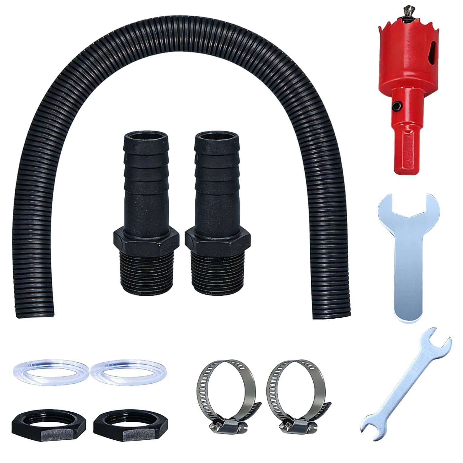 Récupérateur d'Eau de Pluie pour Tuyau Kit, 2 Raccords, Tuyau de Raccordement 1m, Clé Plate, Clé Spéciale, Accessoires de Montage pour Cuve