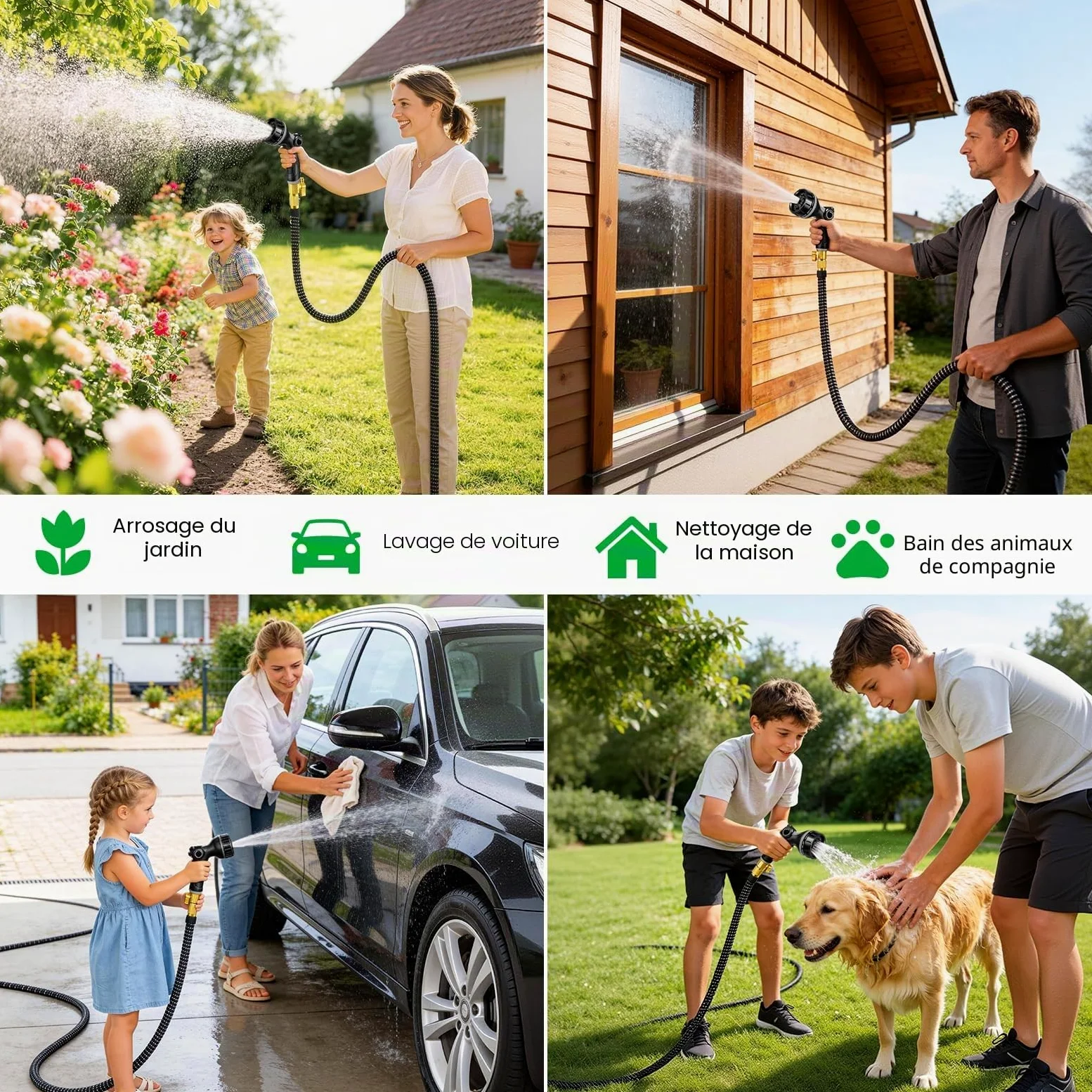 Tuyau Arrosage Extensible 45m, Tuyau d'arrosage Retractable avec 1/2" et 3/4" Adaptateur, Tuyaux d'arrosage avec 10 Modèles de Pulvérisation pour Jardin Irrigation Nettoyage Laver la Voiture