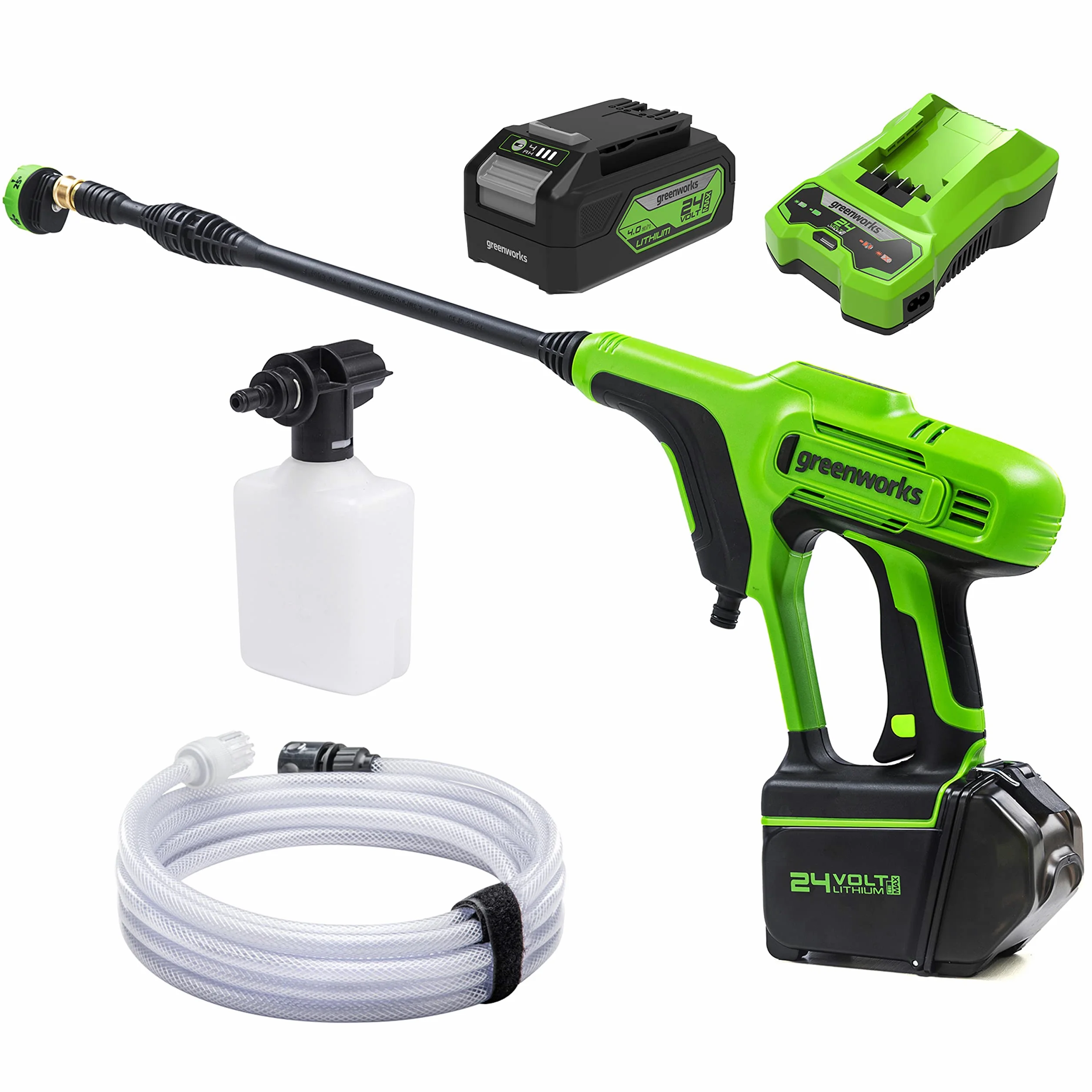 Greenworks Pistolet nettoyeur à pression sur batterie G24PWK4 (Li-Ion 24V, puissance moteur 300 Watt, pression 24 bar, débit 180 l/h, buse à 5 positions, tuyau de 6m,avec 4Ah batterie et chargeur)