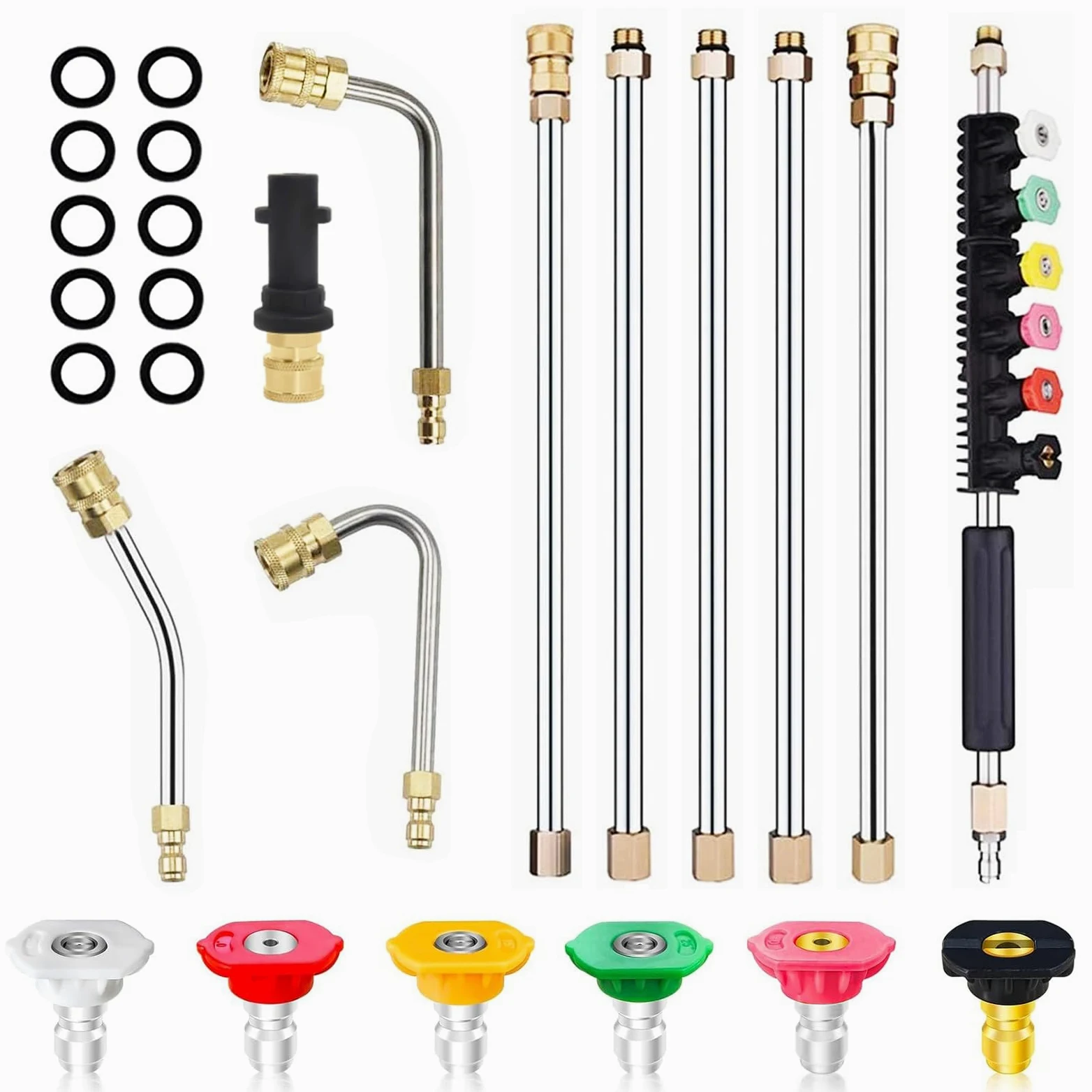 Set de Barres Télescopiques pour Nettoyeur Haute Pression | 10 Pièces Lances Acier Inoxydable avec Adaptateur Compatible Série Kärcher K, 6 Buses + 3 Barres Courbes (30°, 90°, 120°)1/4"
