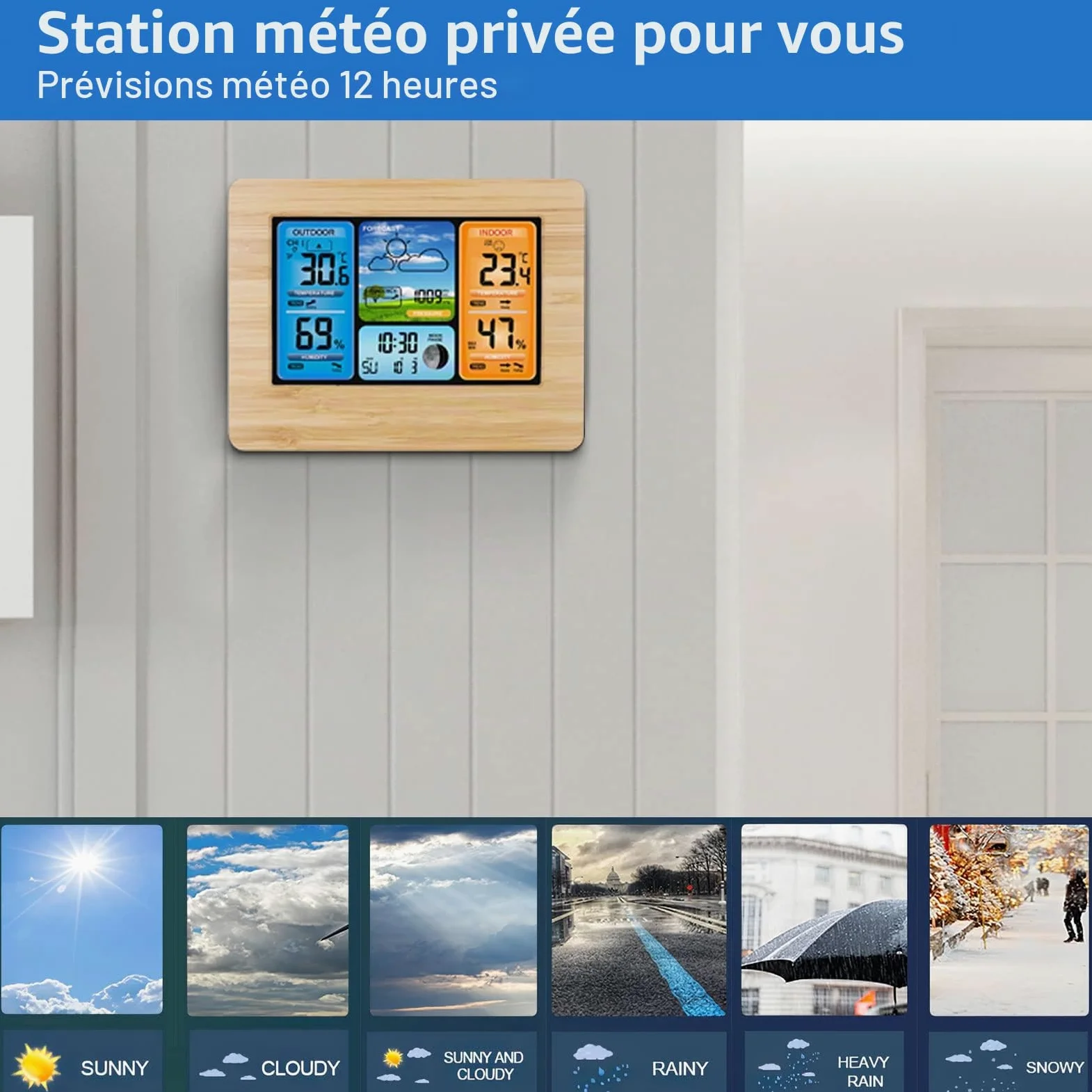 Station Météo sans Fil Station Météo à Prévision Numérique des Couleurs avec Alerte et Température/Humidité/Baromètre/Alarme/Horloge Lunaire/Météo avec Capteur Extérieur, Jaune
