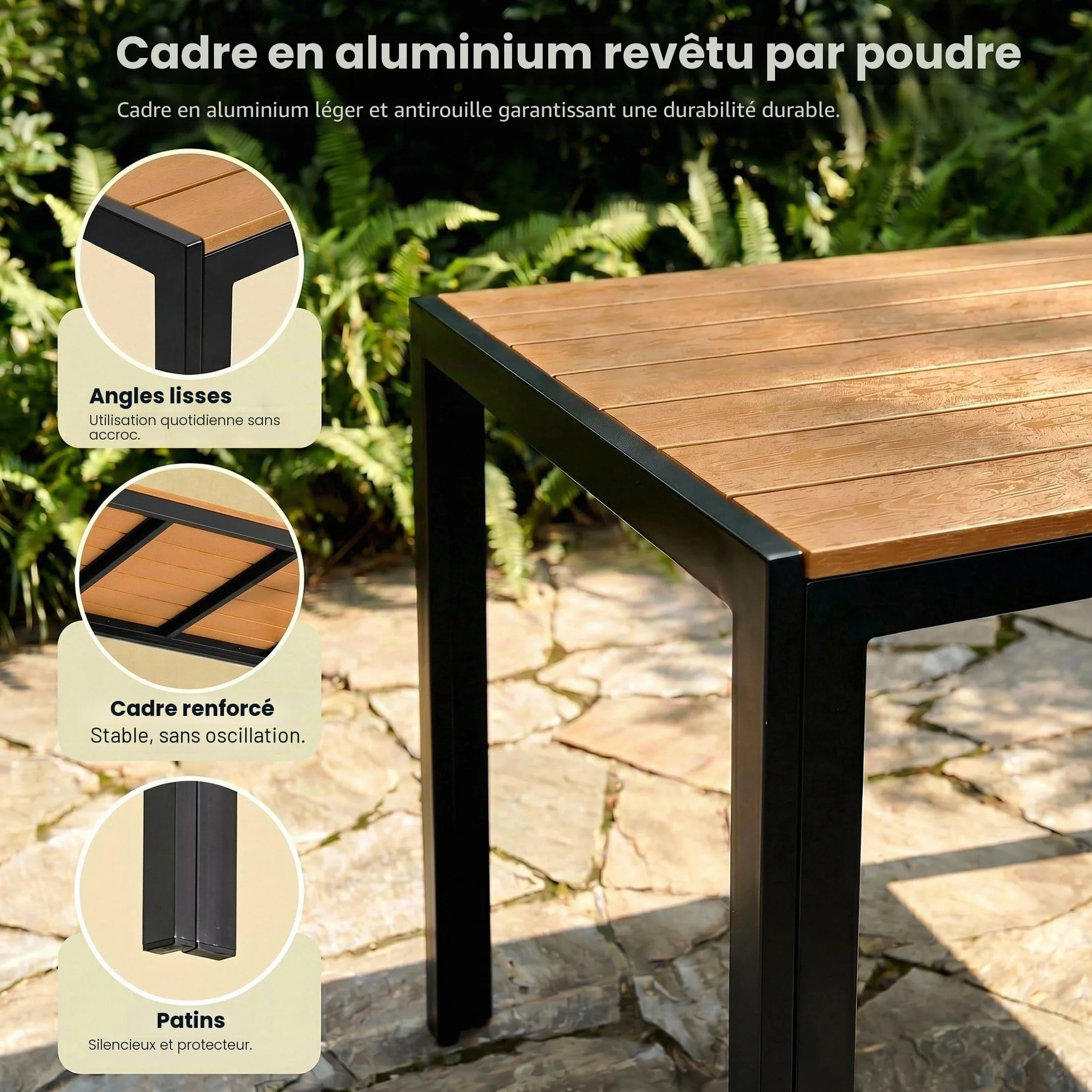 LIFERUN Table de Jardin 110x70 cm WPC pour 4-6 Personnes avec Cadre en Aluminium Brun Teck