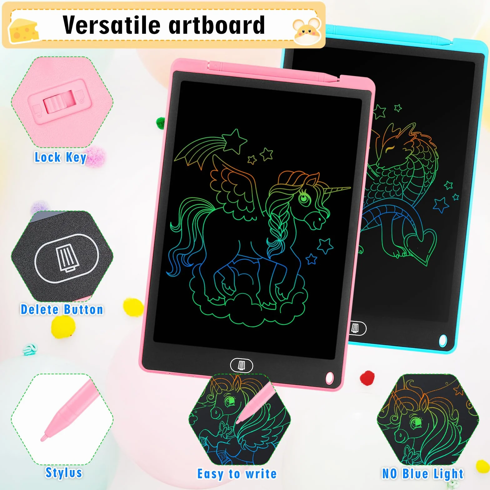 Tablette D'écriture LCD 12 Pouces 2 Pack, Tablette Dessin Écran Coloré, Bloc Effaçable avec Autocollants Animaux, Bleu + Rose