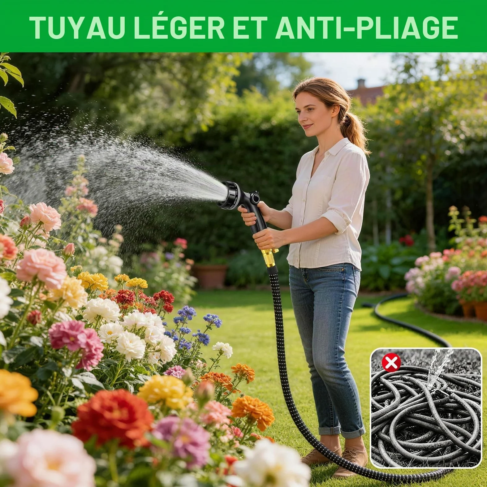 Tuyau Arrosage Extensible 45m, Tuyau d'arrosage Retractable avec 1/2" et 3/4" Adaptateur, Tuyaux d'arrosage avec 10 Modèles de Pulvérisation pour Jardin Irrigation Nettoyage Laver la Voiture