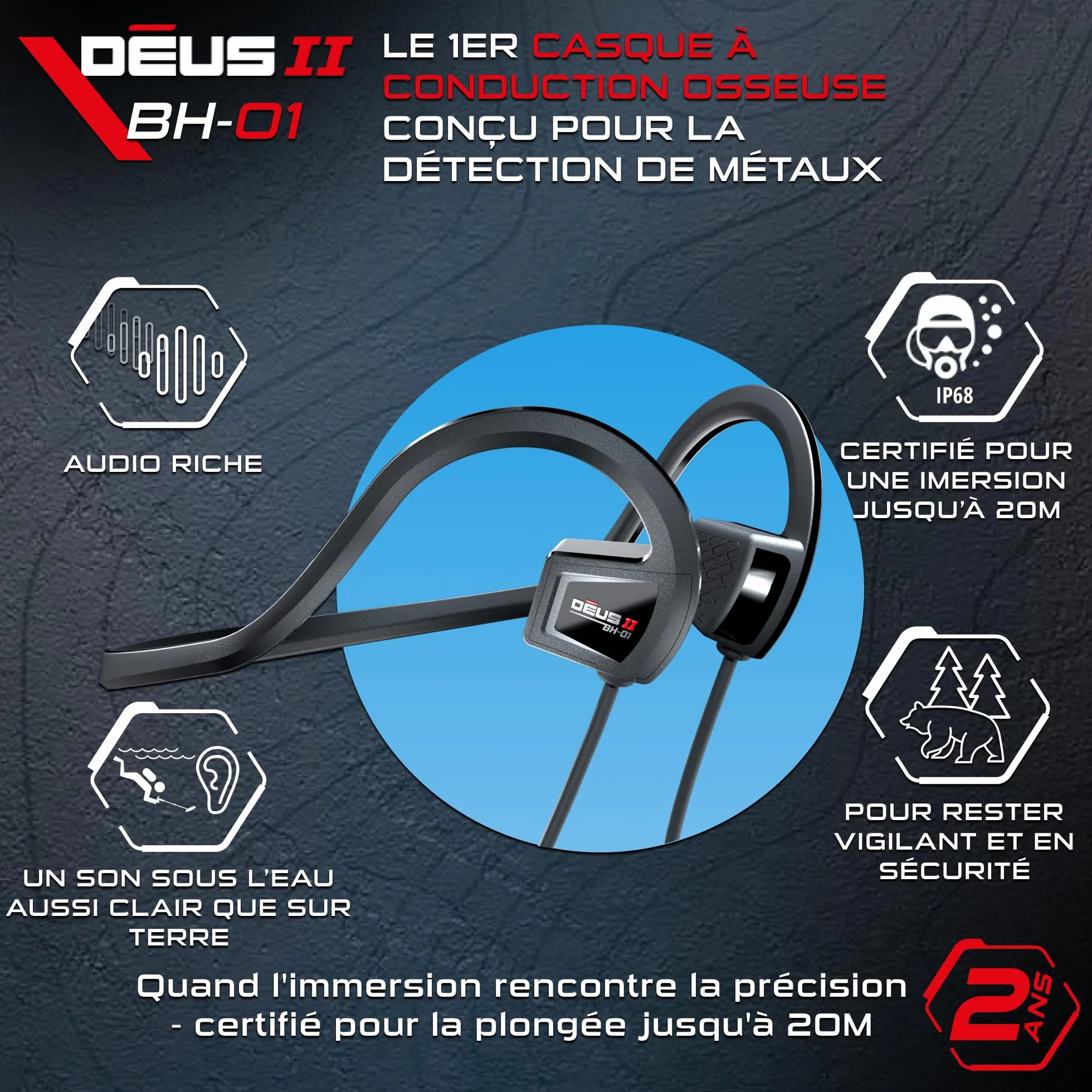 XP METAL DETECTORS BH-01 Casque à Conduction osseuse Filaire IP68 pour Deus II détection métaux sous-marine 20m
