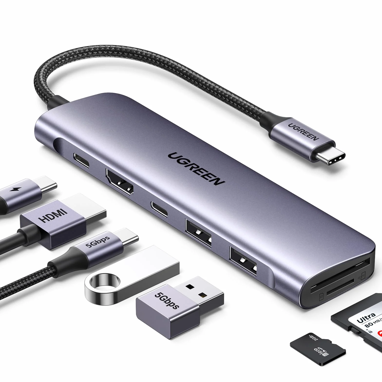 UGREEN Revodok 1071 Hub USB C HDMI 4K Lecteur de Carte SD TF PD 100W 7 en 1 Docking Station Compatible MacBook iPad Pro Air Mac Mini M4