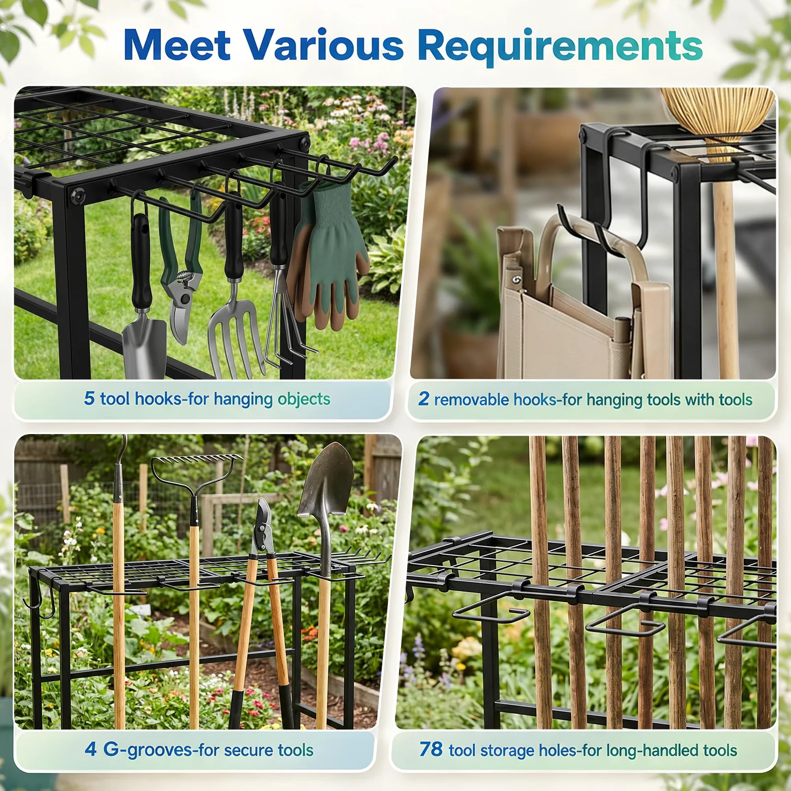 Support de rangement pour outils de jardin, 61 x 41 x 66 cm, pour 78 outils à long manche, gestion de garage avec 11 crochets et roues pivotantes à 360°
