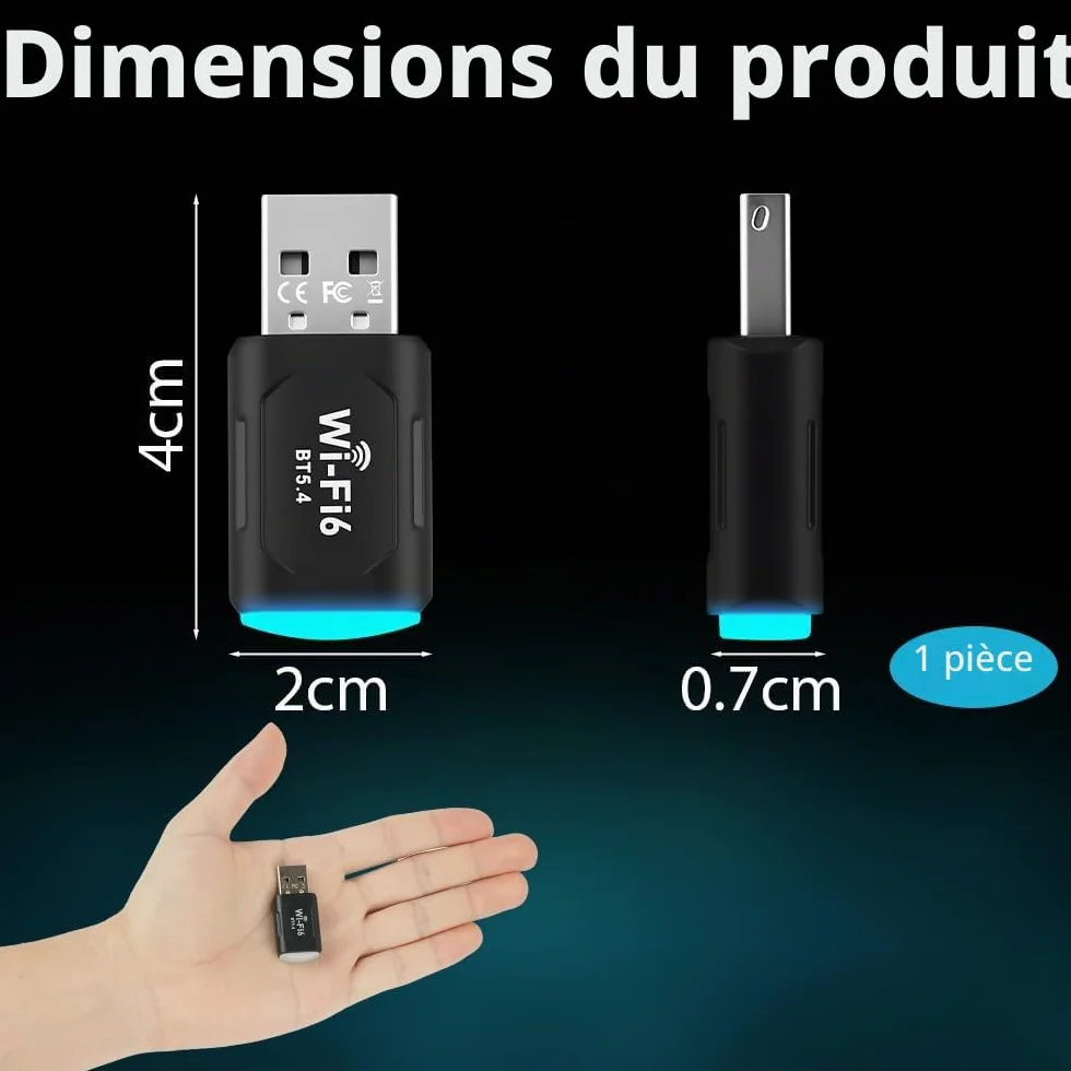 Clé WiFi 6 USB Double Bande 5GHz/2.4GHz Adaptateur WiFi Dongle 2 en 1 Bluetooth 5.4 pour PC Windows 10/11