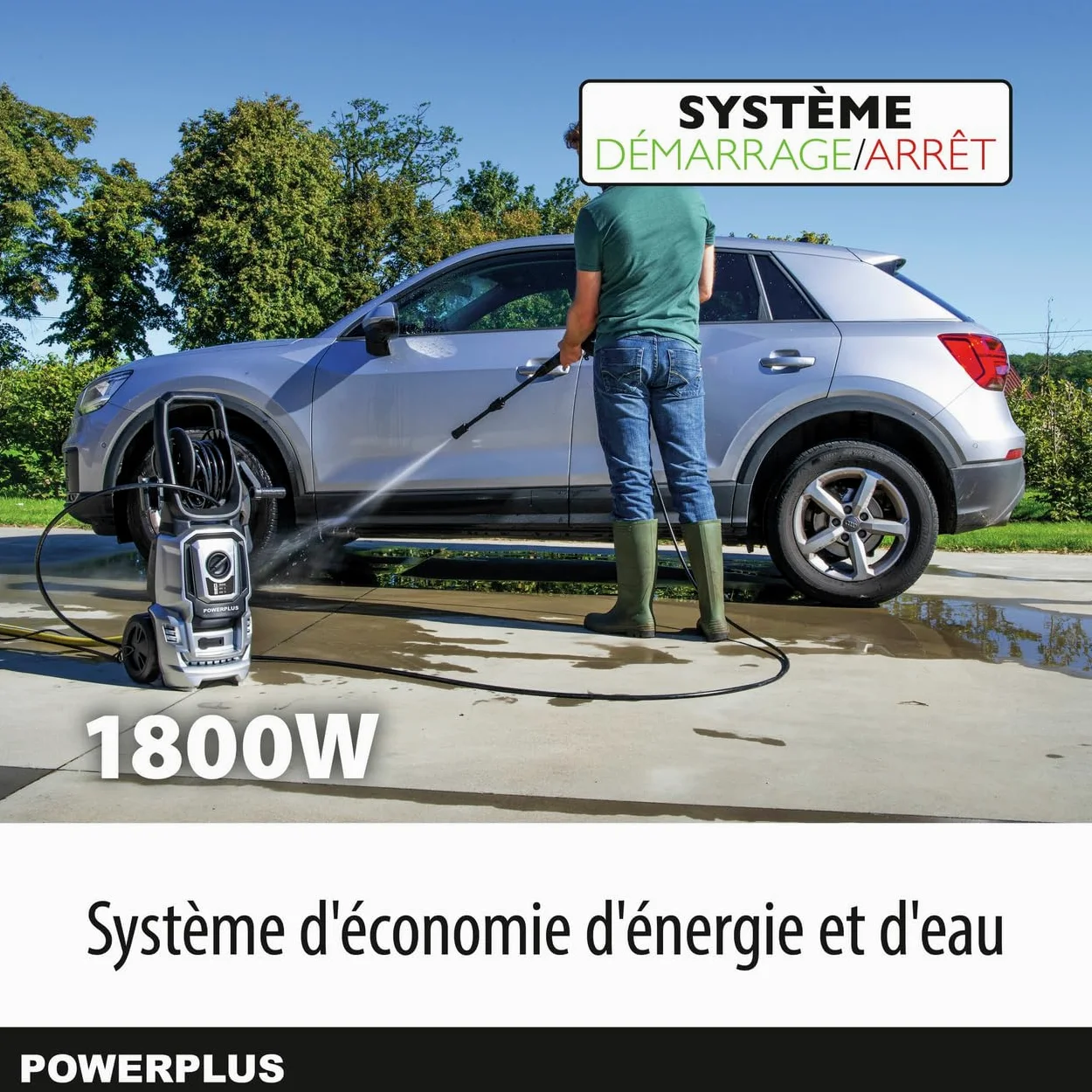 Powerplus Nettoyeur Haute Pression Électrique POWXG90411 - Nettoyeur de Terrasse de 1800 W, Fonction Start/Stop, Pression Max. de 140 Bars et Température de 50°C, Tuyau de 8 m et Accessoires Inclus
