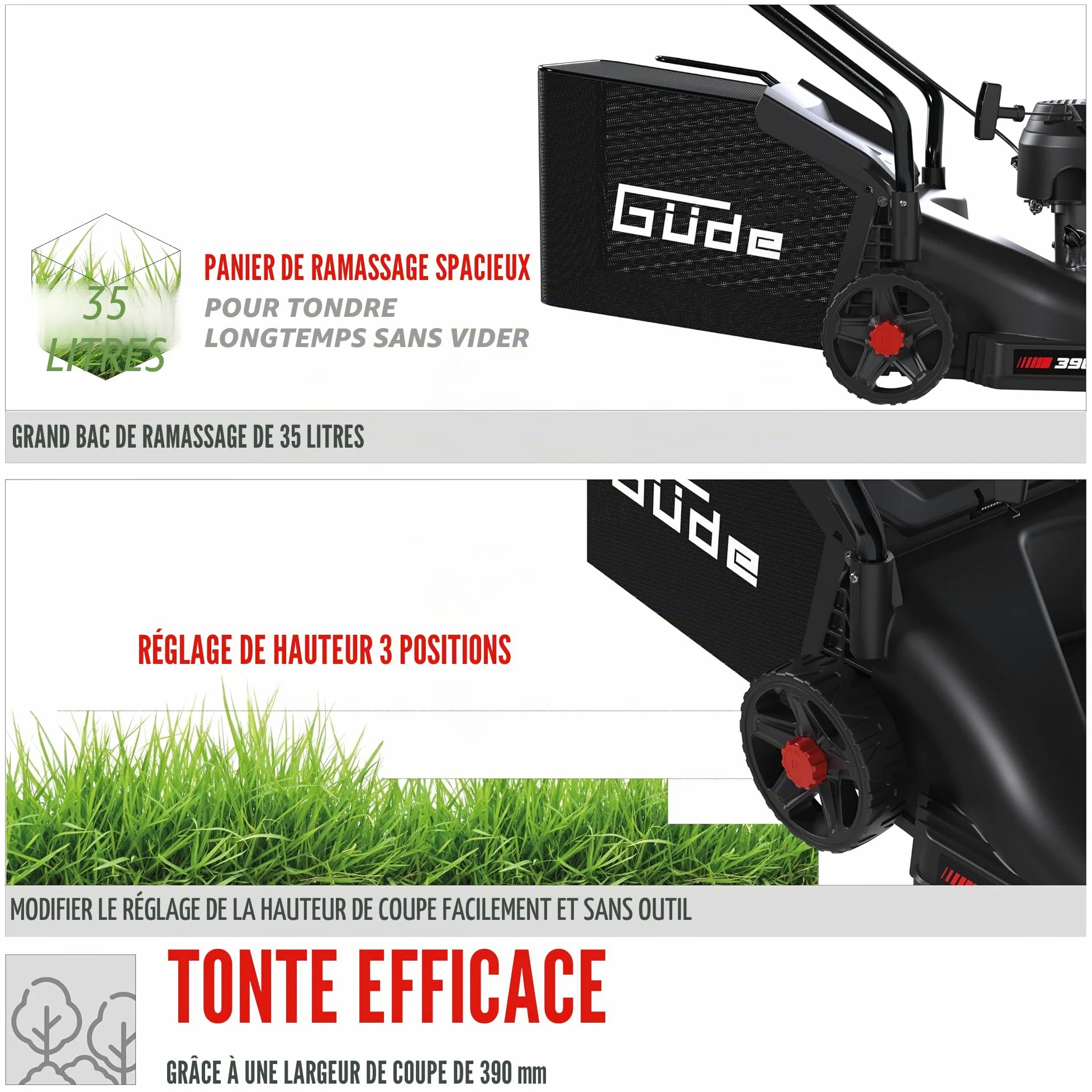 Güde Tondeuse à Gazon ECO Wheeler 390 1,6 R (Moteur à Essence 4 Temps 1,6/2 (KW/PS), Largeur de Coupe 390 mm, Dispositif de Capture 35 l, 3 Niveaux de Hauteur de Coupe 30-66 mm, Tonte, Collecte,