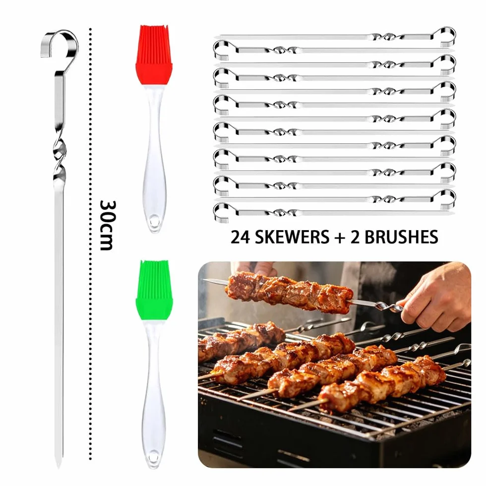 Brochettes de Barbecue en Acier Inoxydable 30cm Lot de 24 Réutilisables