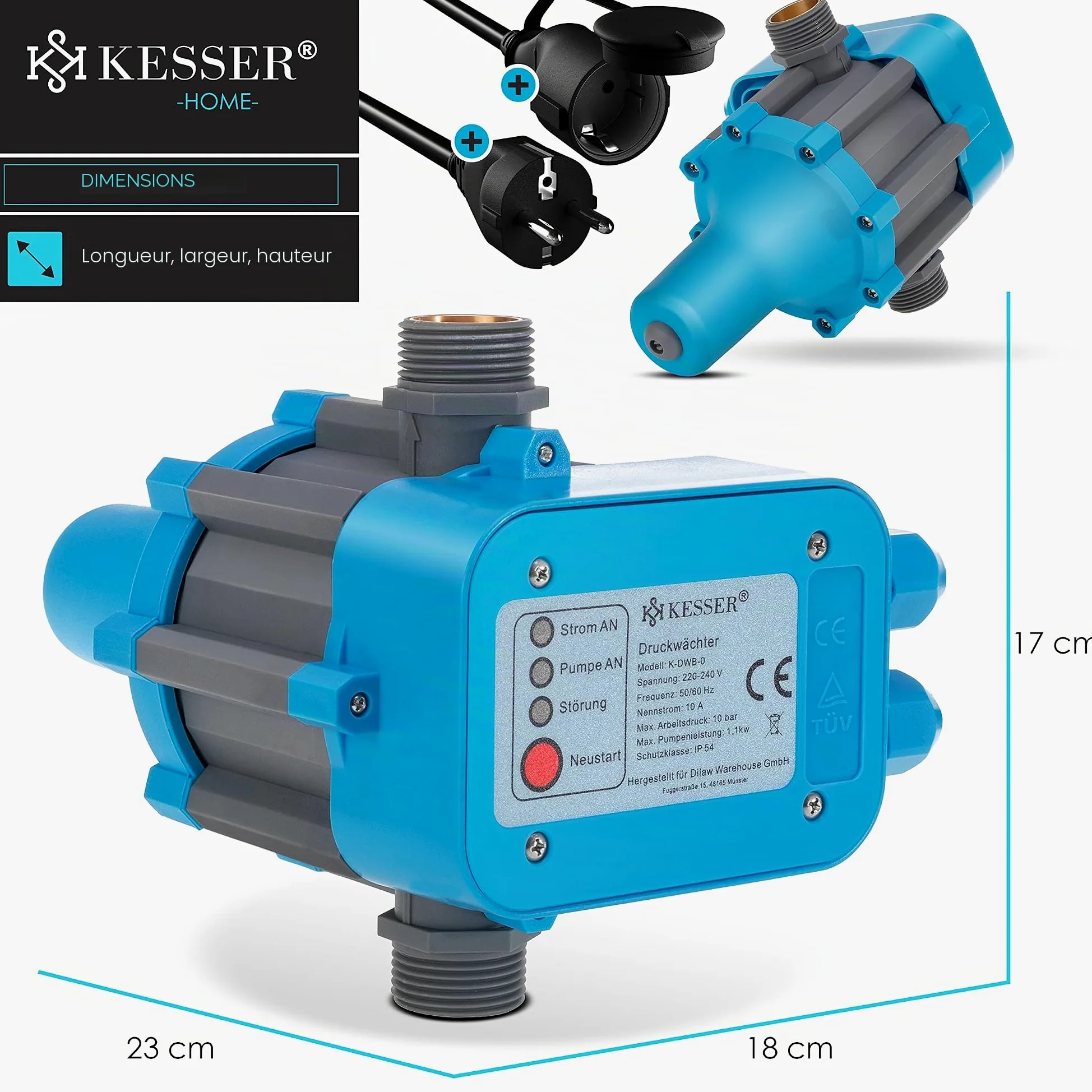 KESSER Interrupteur de pression - 10 bar - Commande de pompe - Eau domestique - Arrosage de jardin - Avec câble - Pression constante de l'eau - Jardin et maison - Arrêt automatique