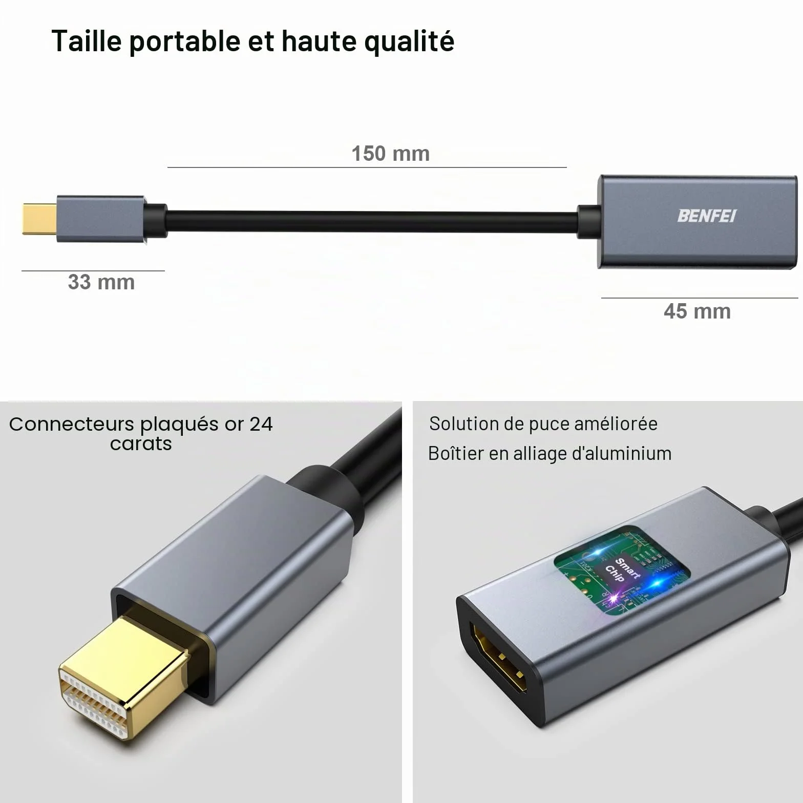 BENFEI Adaptateur Mini DisplayPort vers HDMI 4K@30Hz, Thunderbolt 2 vers HDMI pour MacBook Pro, Surface Pro, moniteur
